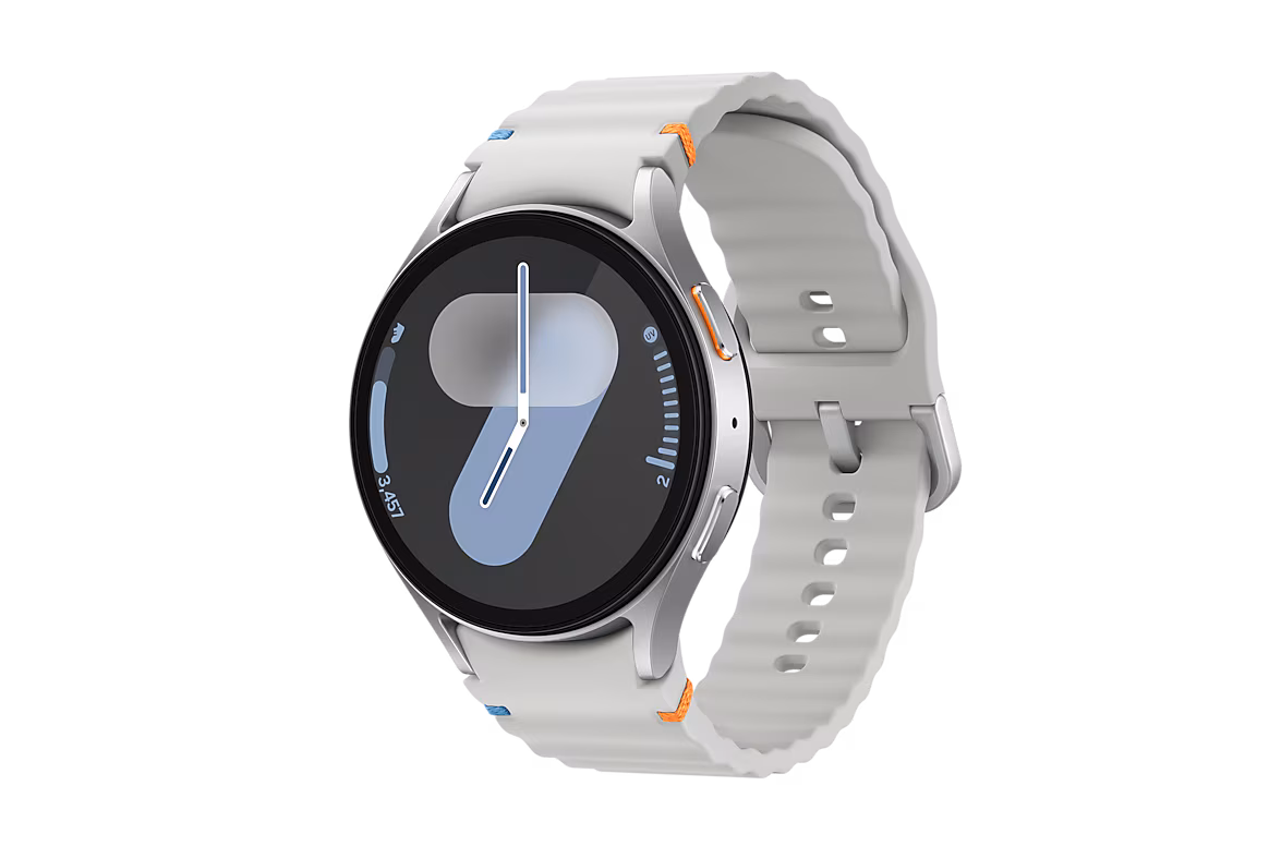 Official Samsung Galaxy Watch 7 in Silver, shown at an angle with its watch face visible, receiving the One UI 9 Watch beta 5 update