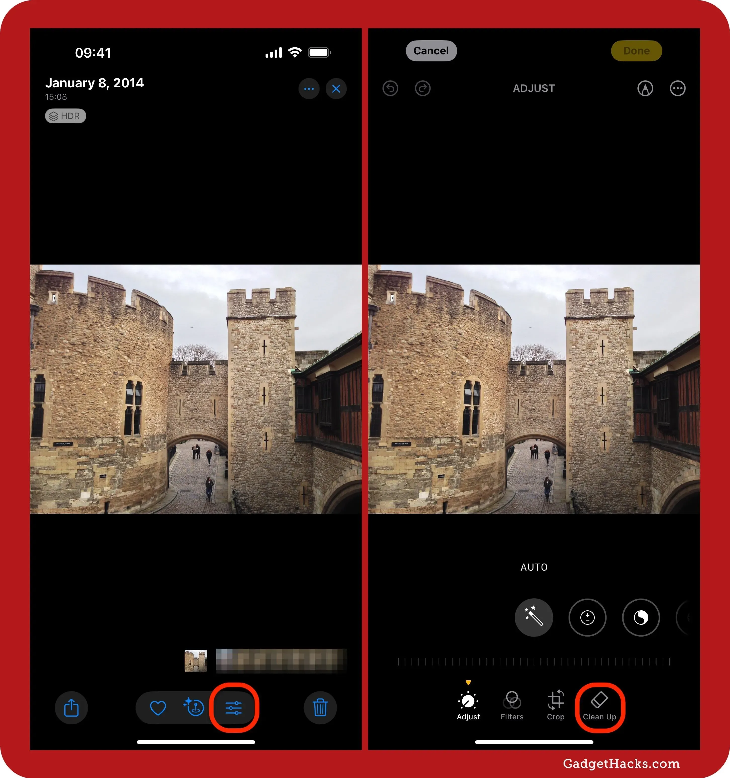 Screenshots showing how to access iOS’s ‘Clean Up’ tool in Photos, highlighting the edit and Clean Up icons while editing an image of a castle walkway.