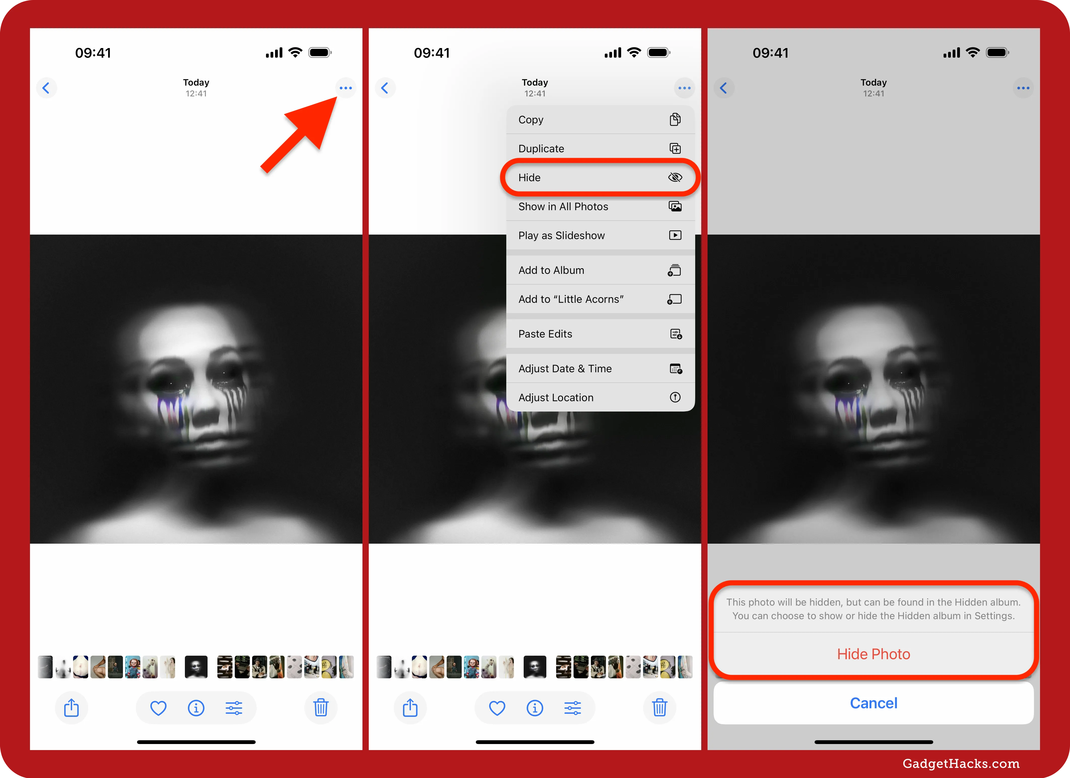 Three iPhone screenshots depict opening photo, ellipsis menu showing Hide command, and hide confirmation sheet stating photo will move to Hidden album.