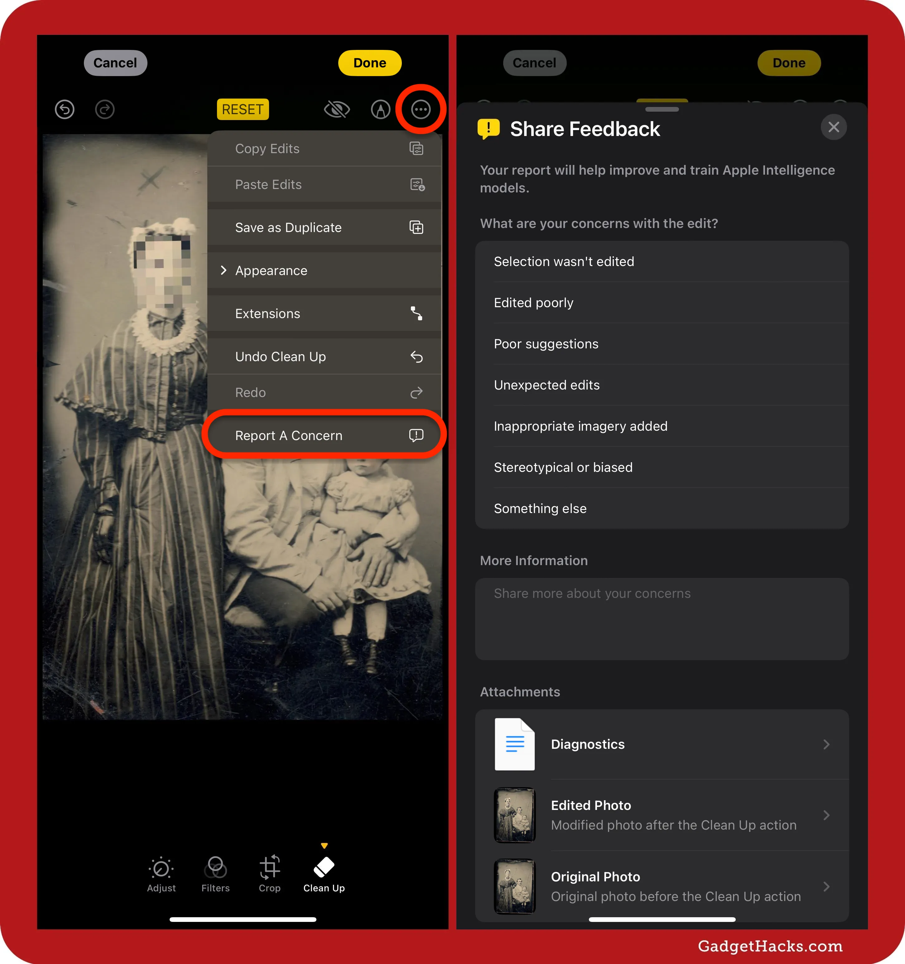 Side-by-side screenshots of the Photos app on iPhone, the first showing the More menu with Report a Concern highlighted after using Clean Up to pixelate a face, the second showing the Share Feedback options.