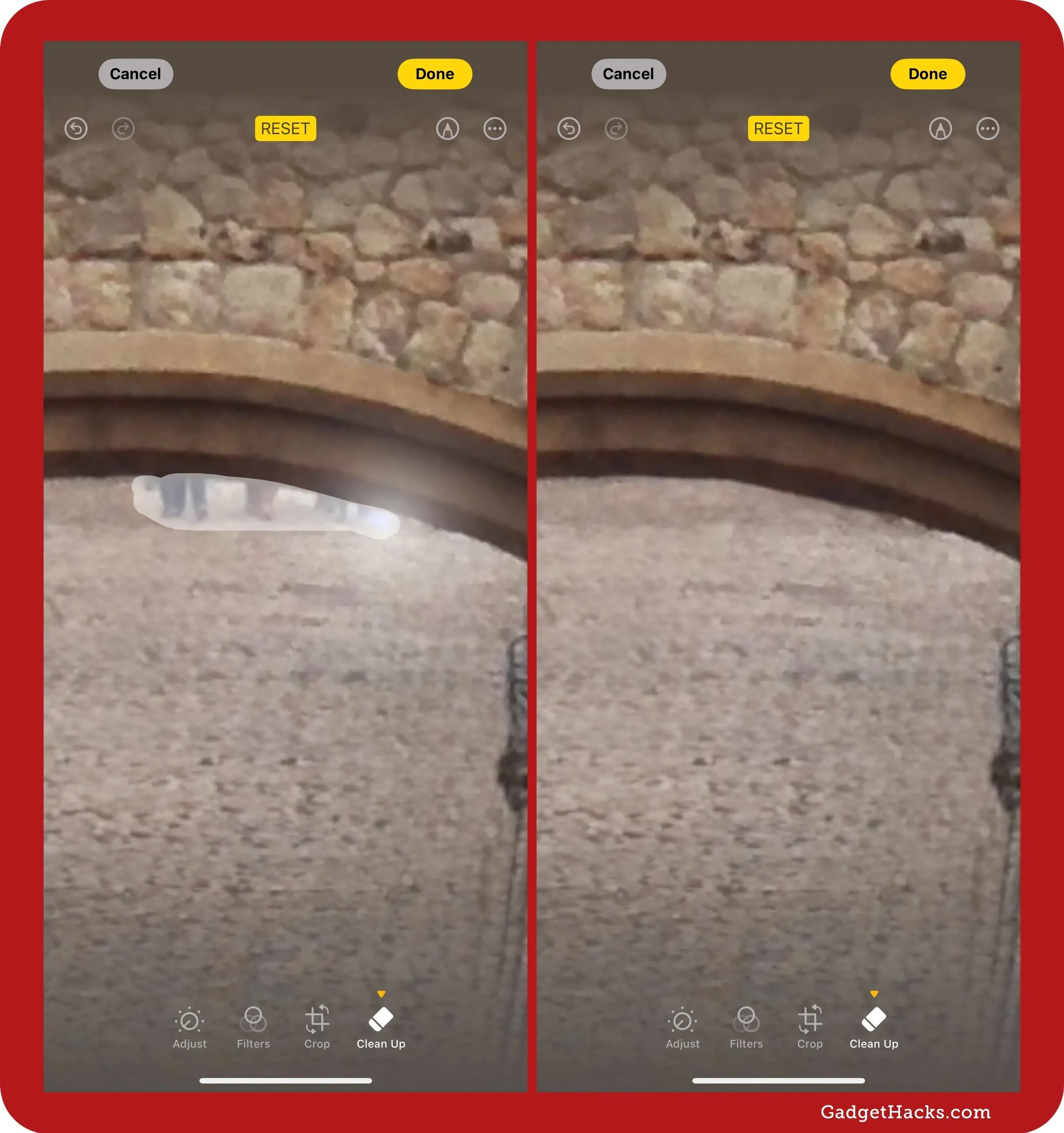 Close-up split-screen in iPhone Photos Clean Up tool, erasing tourists under stone archway — left shows smear, right reveals seamless brick texture.