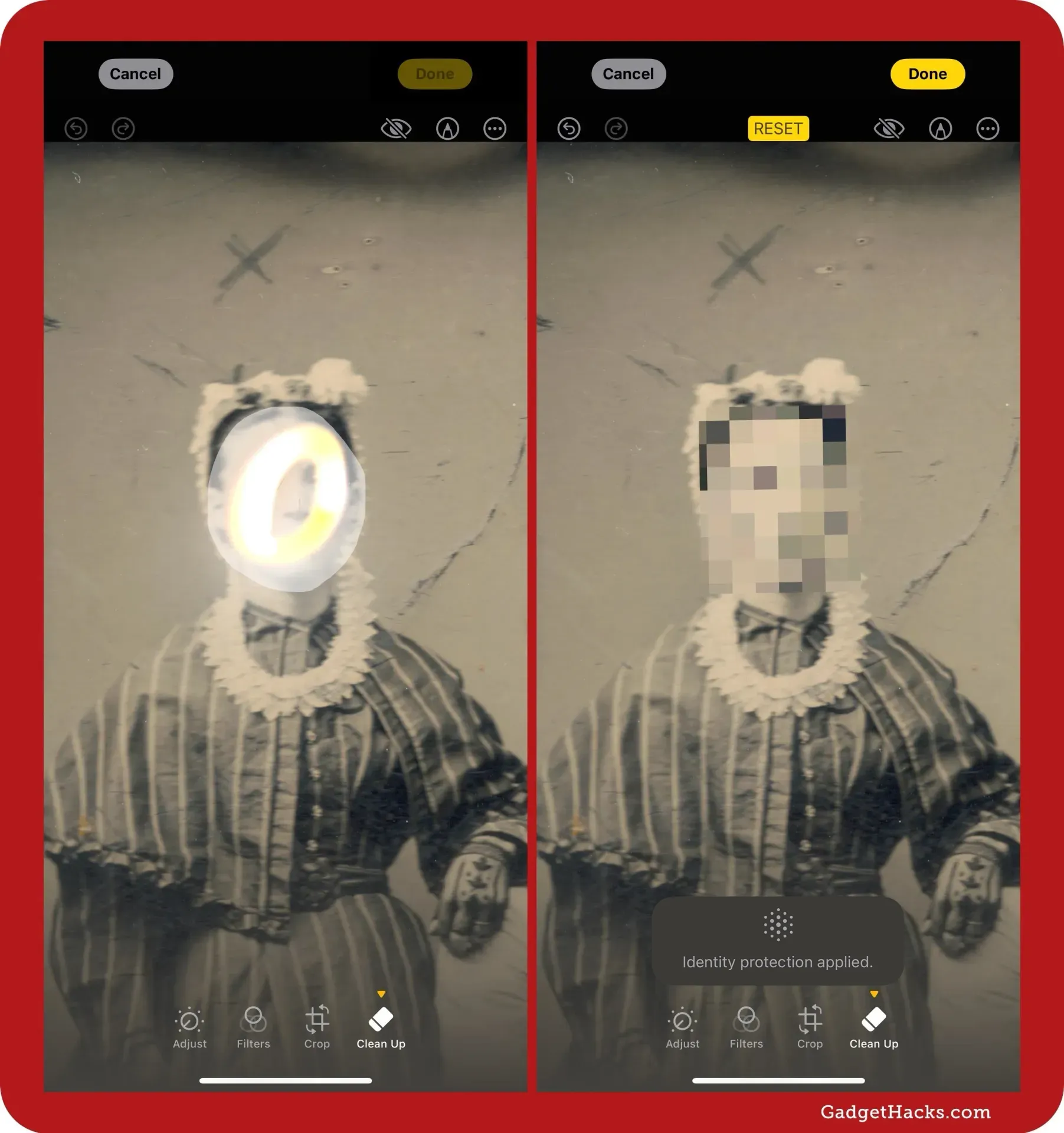 Side-by-side view showing iOS Photos’ ‘Clean Up’ tool applying identity protection with blur and pixelation effects over a face in a vintage portrait.