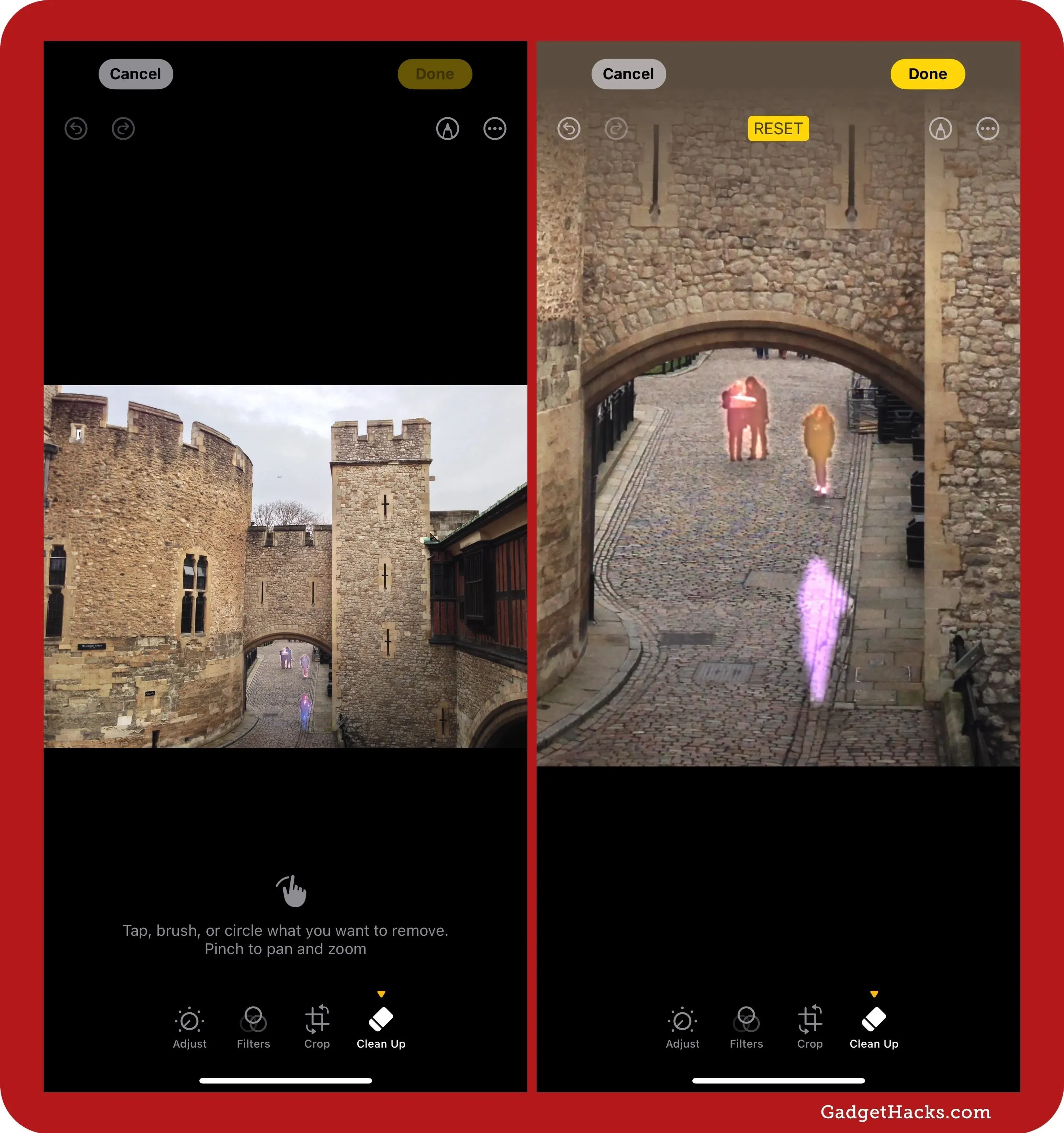 Side-by-side screenshots showing iOS’s ‘Clean Up’ tool removing people from a castle walkway, with outlines highlighting selected subjects before deletion.