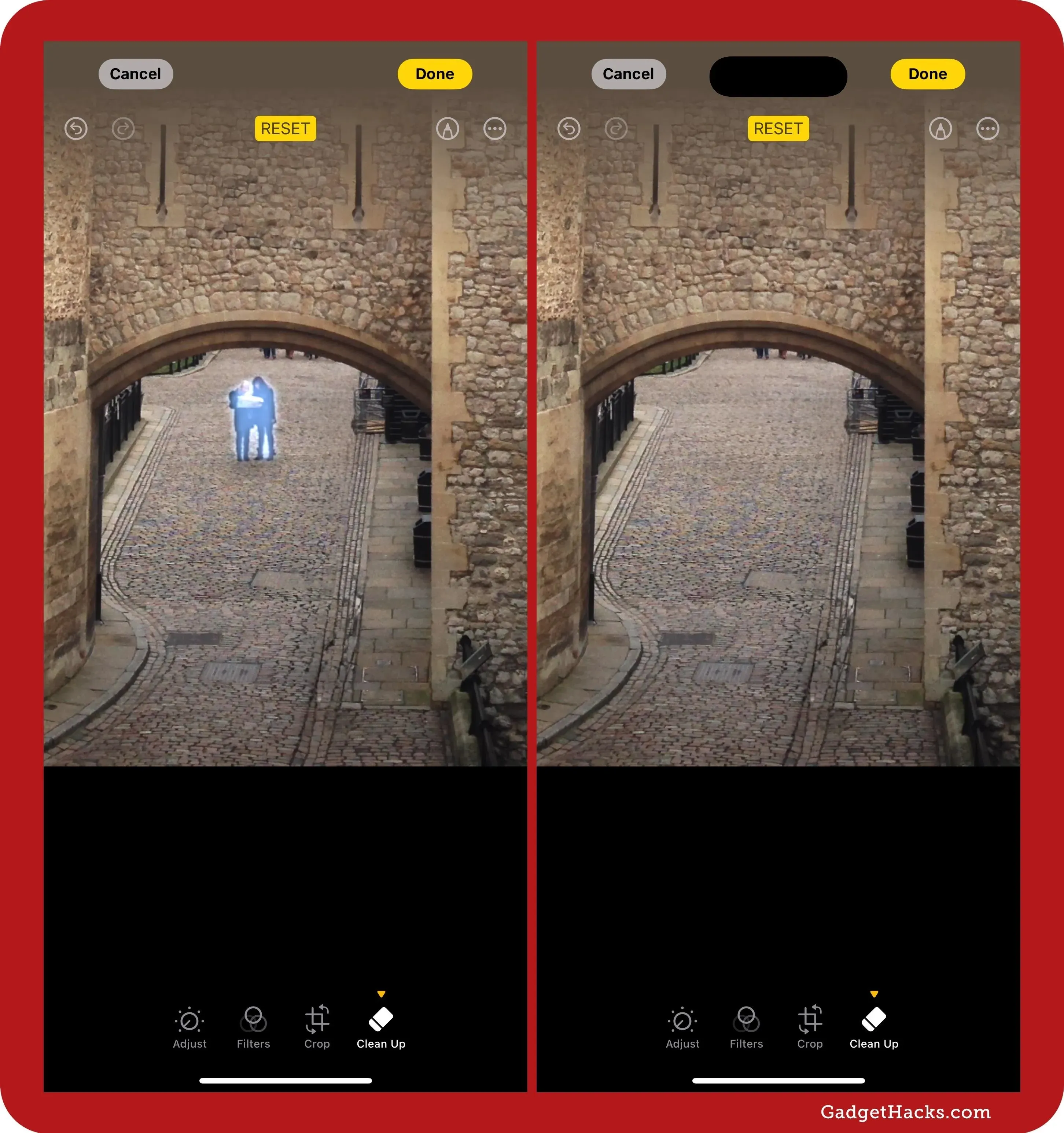Side-by-side view in iPhone Photos Clean Up tool showing removal of two tourists from cobblestone street under stone archway.