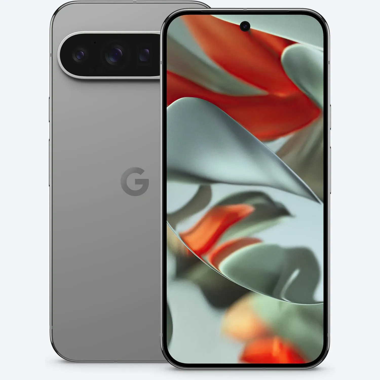 Google Pixel 9 Pro XL smartphone showing gray back with horizontal triple-camera bar and polished G logo, alongside front display featuring centered hole-punch selfie camera.