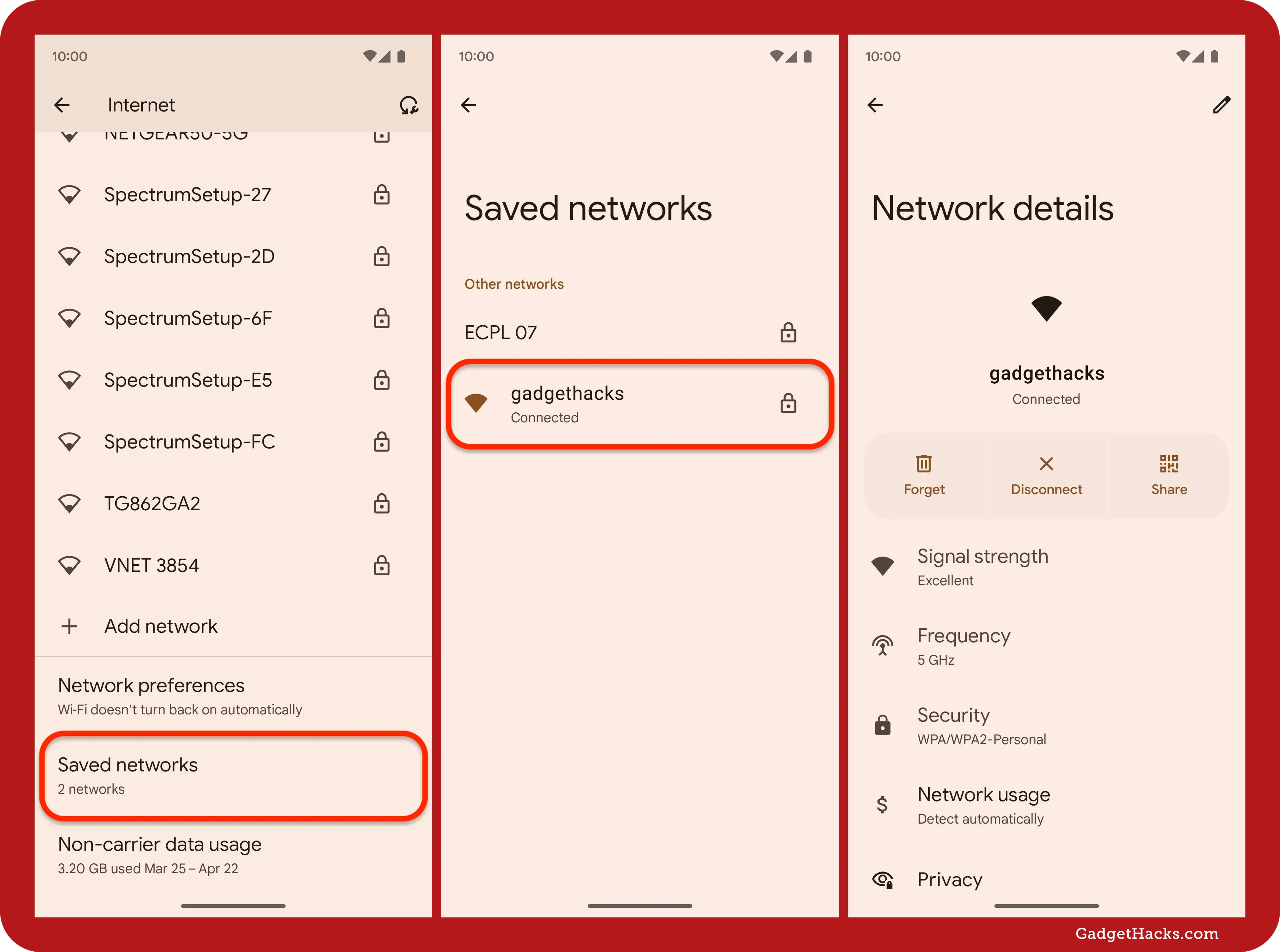Three Android screens showing how to view saved Wi-Fi networks: scroll down in Internet, tap Saved networks, select a network, then view its detailed settings.