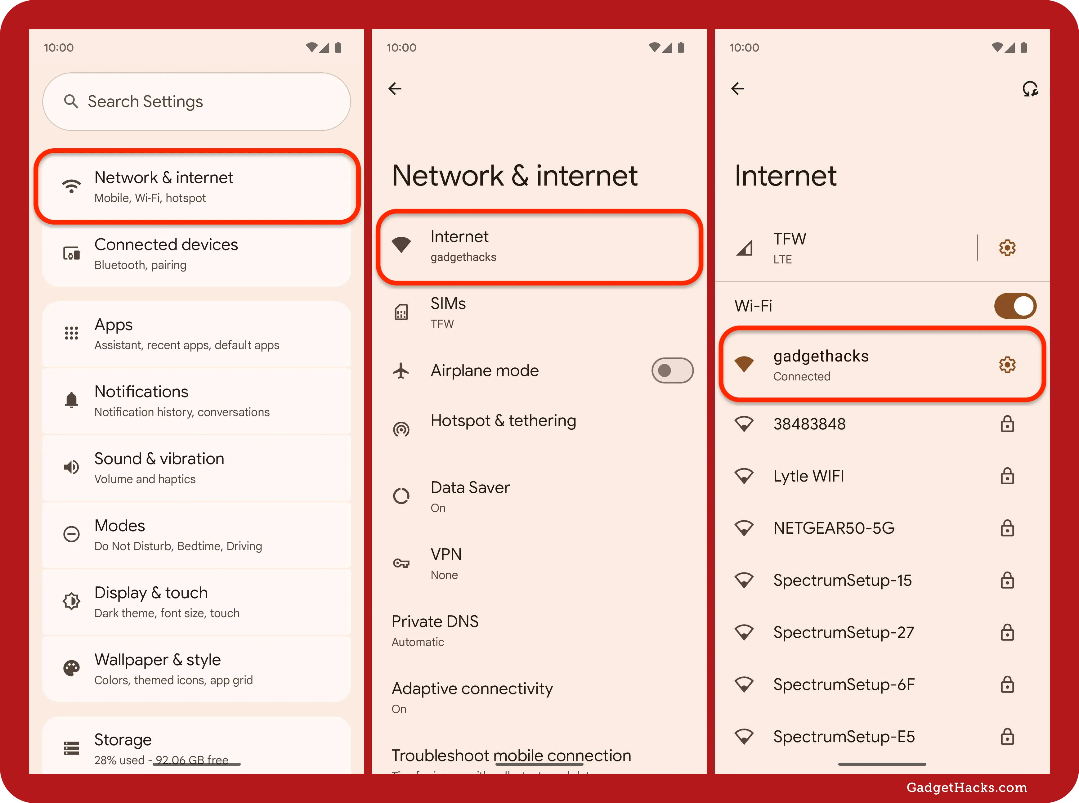 Three Android screens showing how to access Wi-Fi settings: go to Network & internet, tap Internet, then select the connected network from the Wi-Fi list.