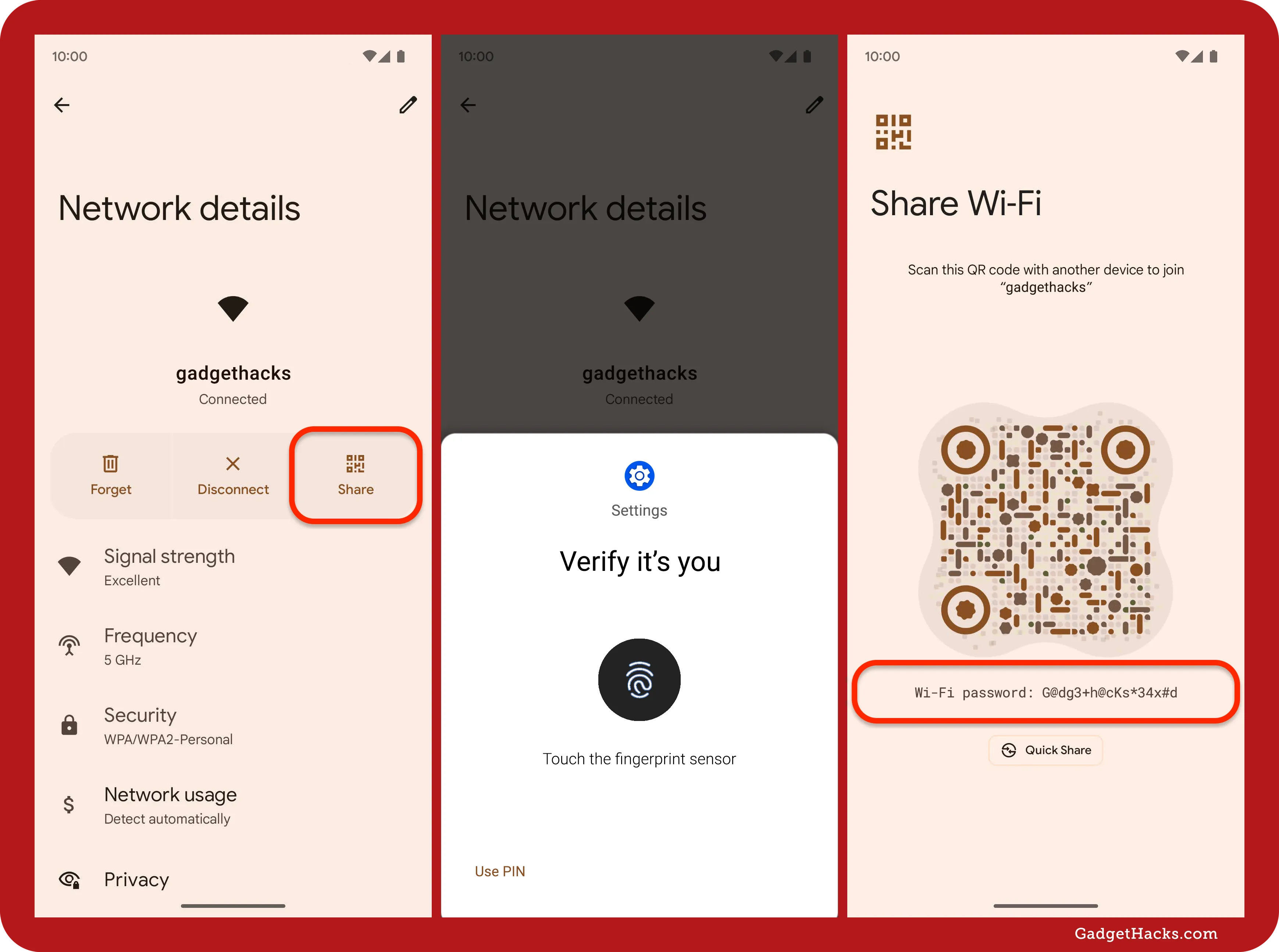Three Android screens showing how to share a Wi-Fi password via QR code: open network details, tap Share, verify identity, then scan or view the password.