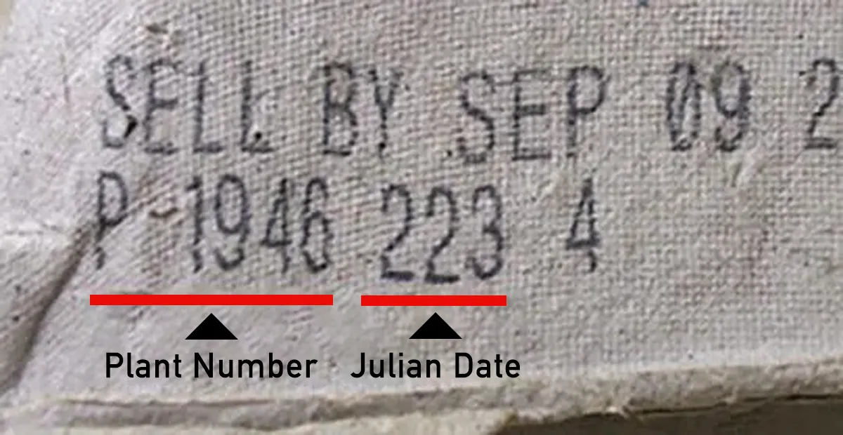 null Sell by date label with plant number and Julian date indicated.