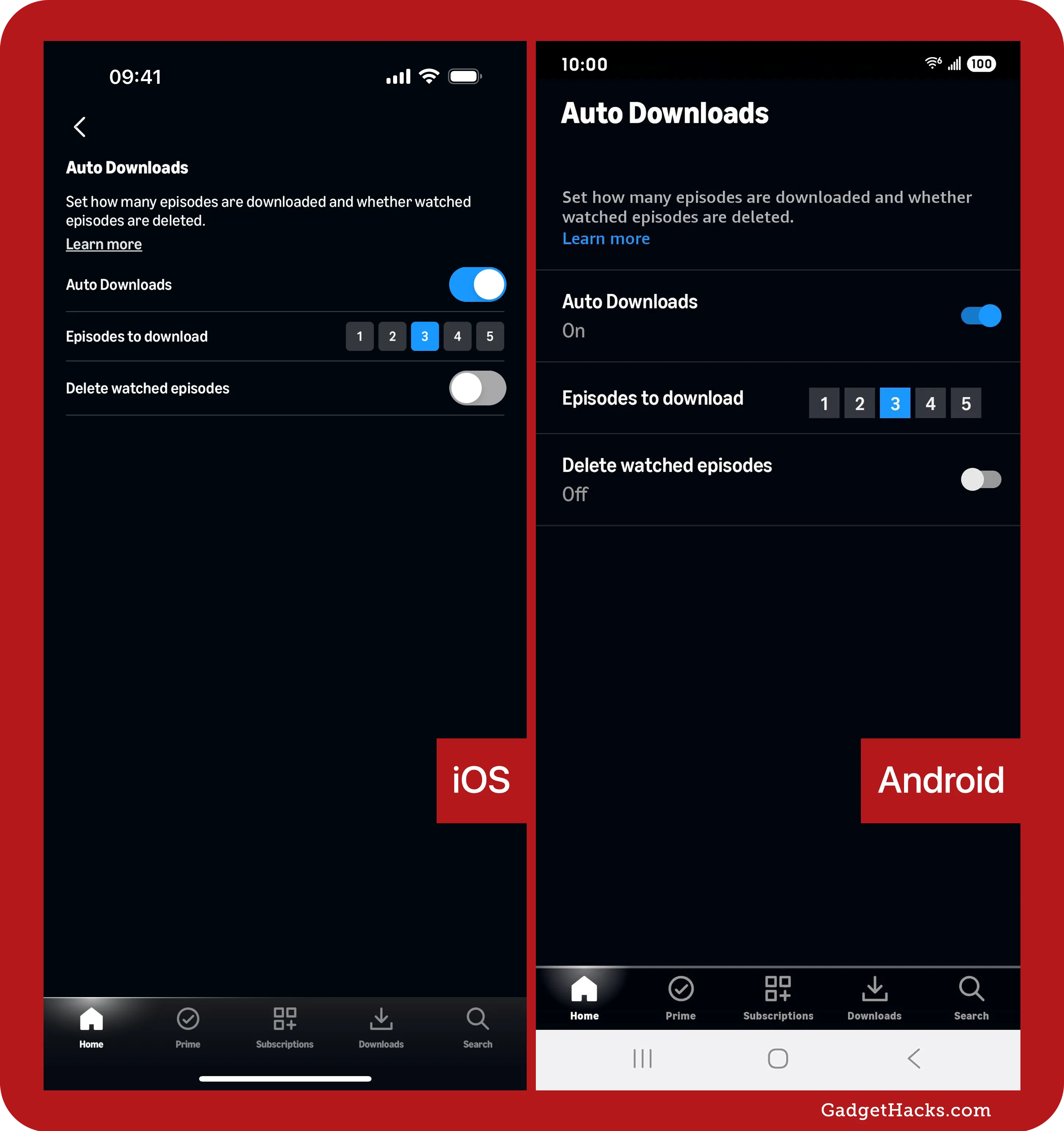 Auto Downloads settings in the Prime Video app compared on iOS and Android, showing toggles for downloads, episodes to keep, and watched episode deletion.