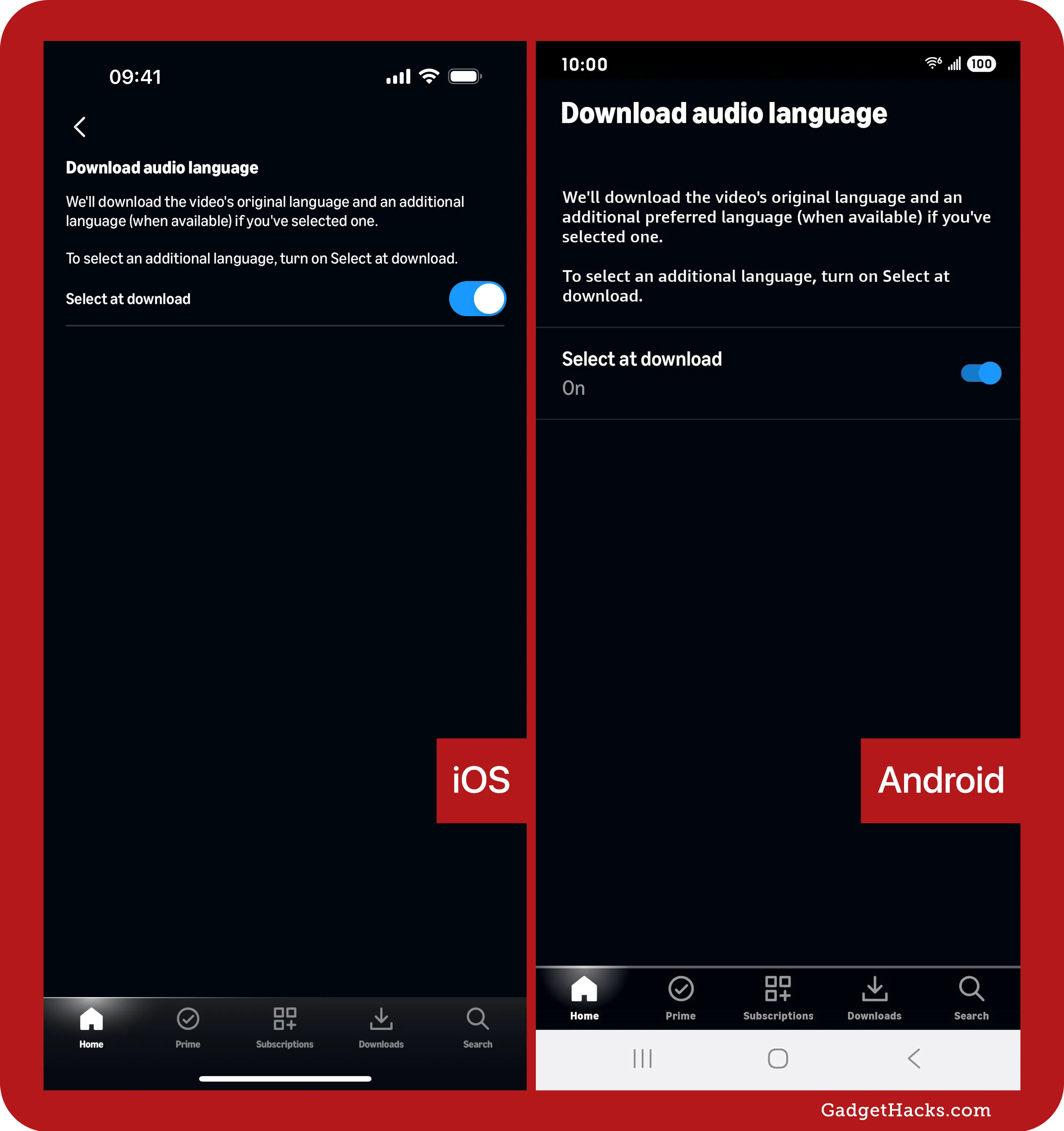 Download audio language settings in the Prime Video app on iOS and Android, showing the ‘Select at download’ toggle turned on for choosing preferred languages.