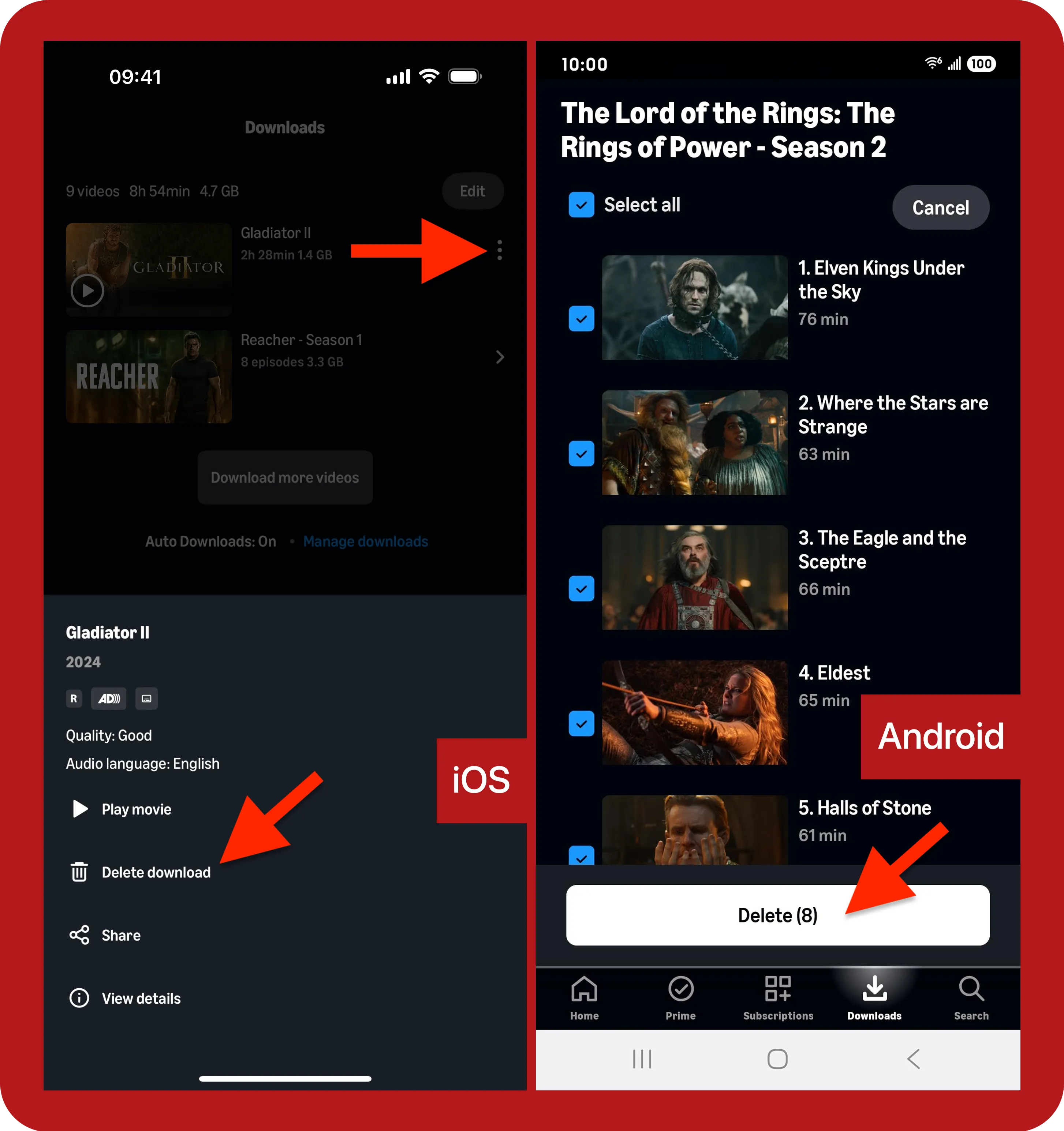 Prime Video iOS overflow menu showing Delete download option for Gladiator II, and Android bulk delete panel for eight Rings of Power episodes.