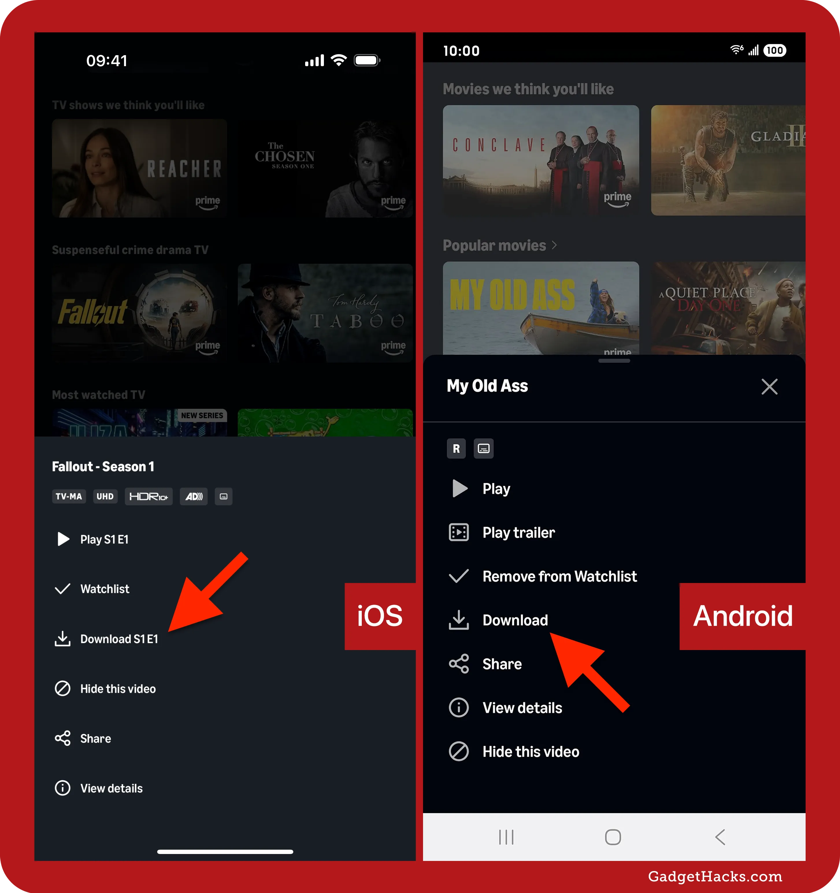 Amazon Prime Video Android screens for Rings of Power Season 2 download, showing Download button, audio language picker, and quality options with Start download.
