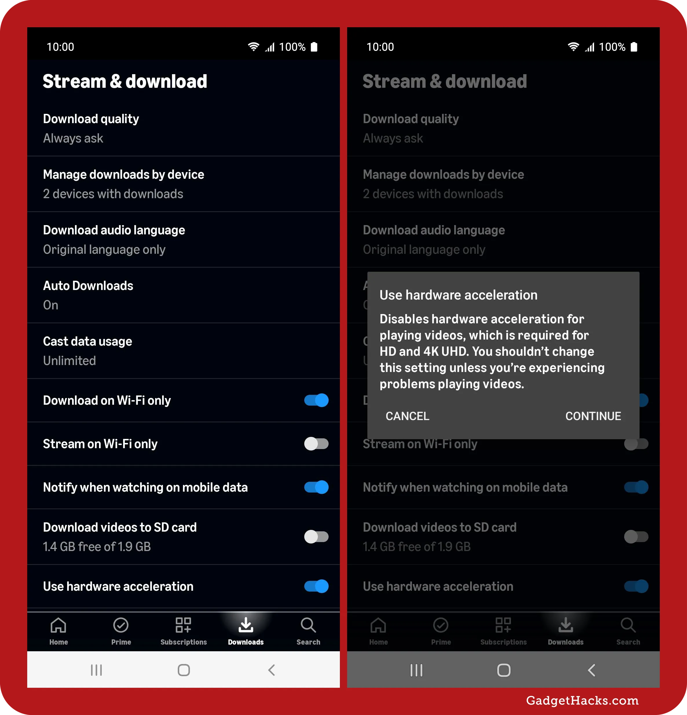 Prime Video Android Stream & download settings showing Wi-Fi-only downloads, SD card option, and hardware acceleration toggle with detailed warning popup.