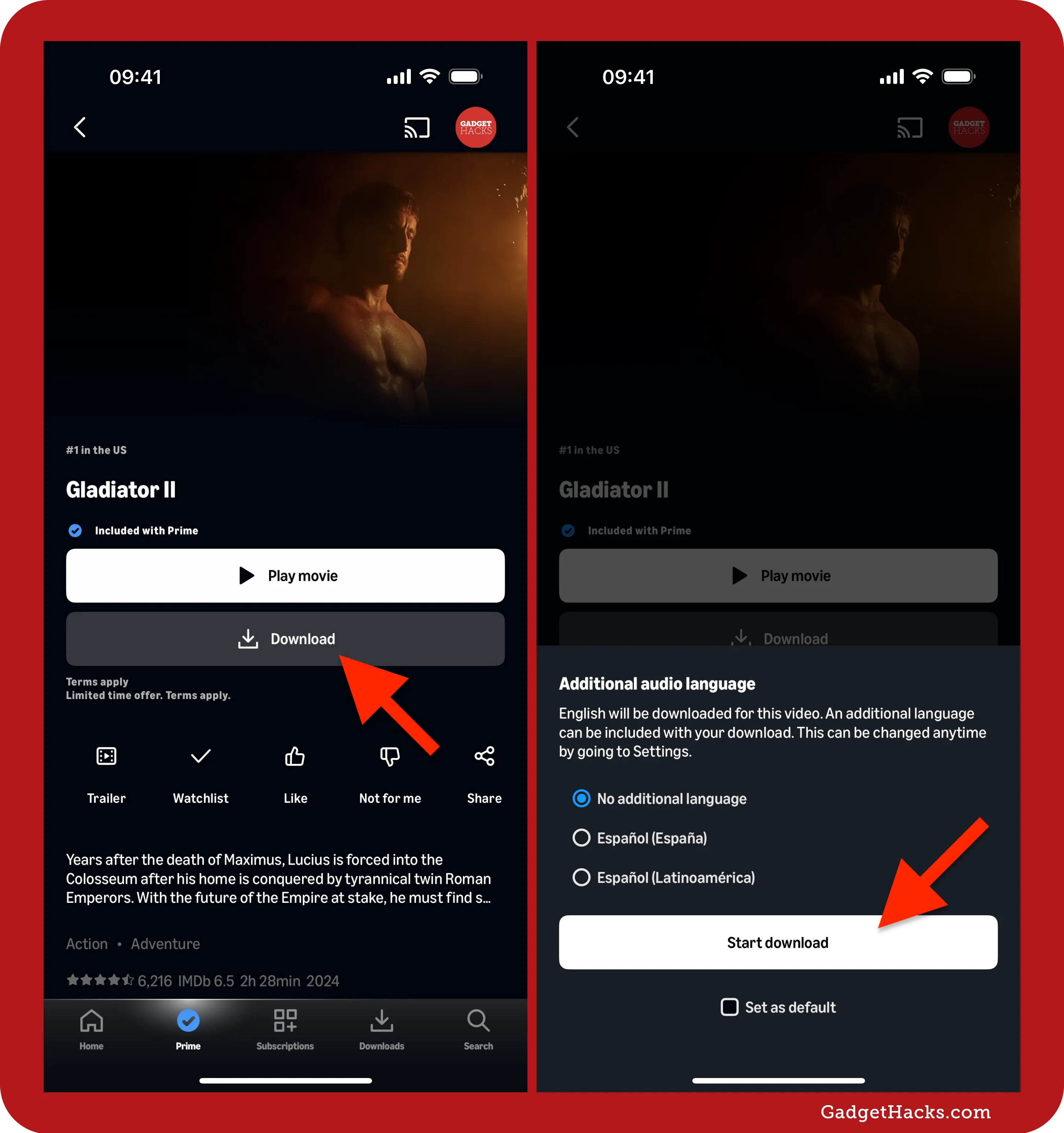 Prime Video iPhone screen showing Gladiator II movie download button, and audio language picker with Start download confirmation.