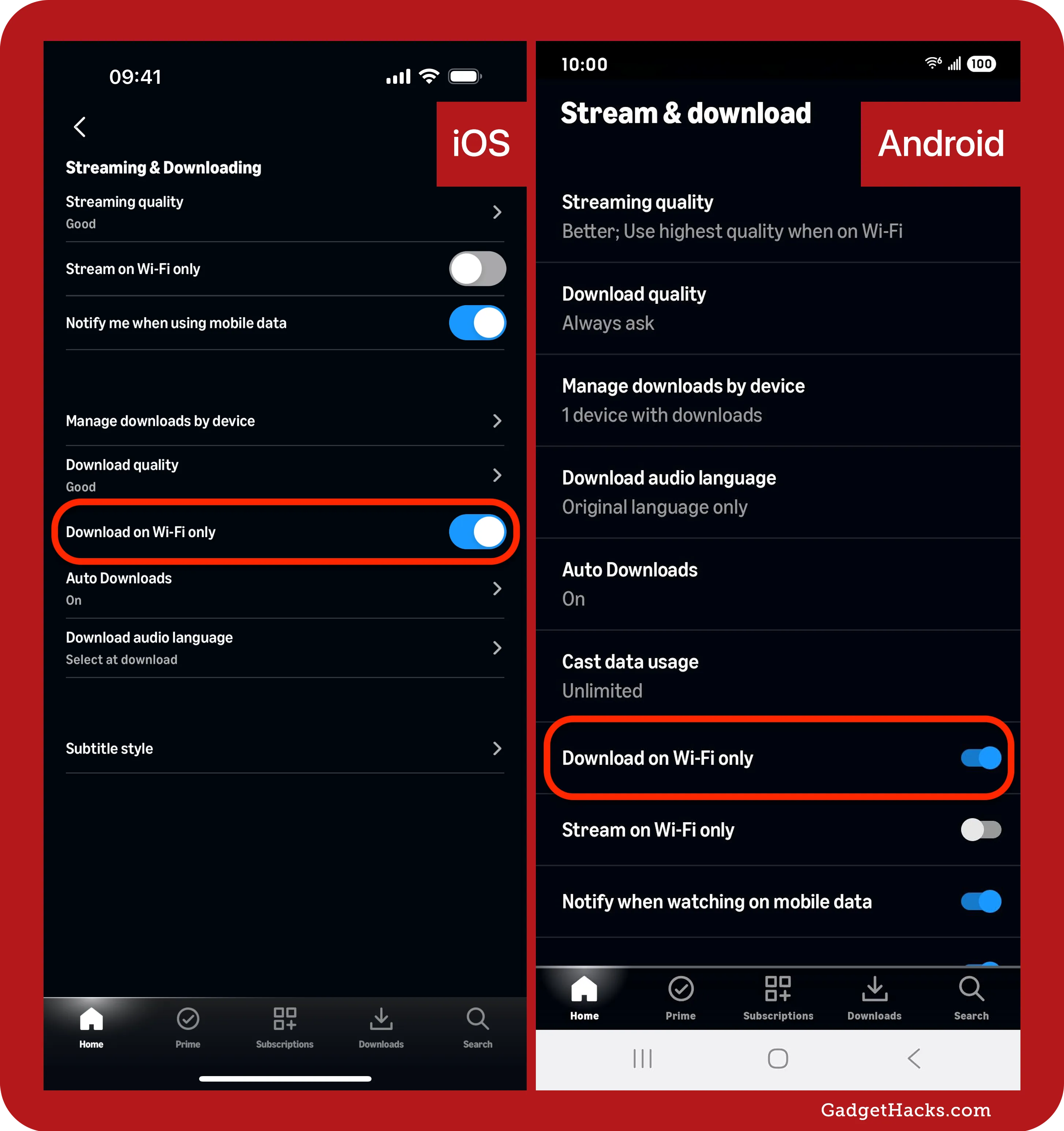 ‘Download on Wi-Fi only’ setting enabled in Prime Video’s Stream & Download menu on both iOS and Android, highlighted with red borders for visual comparison.