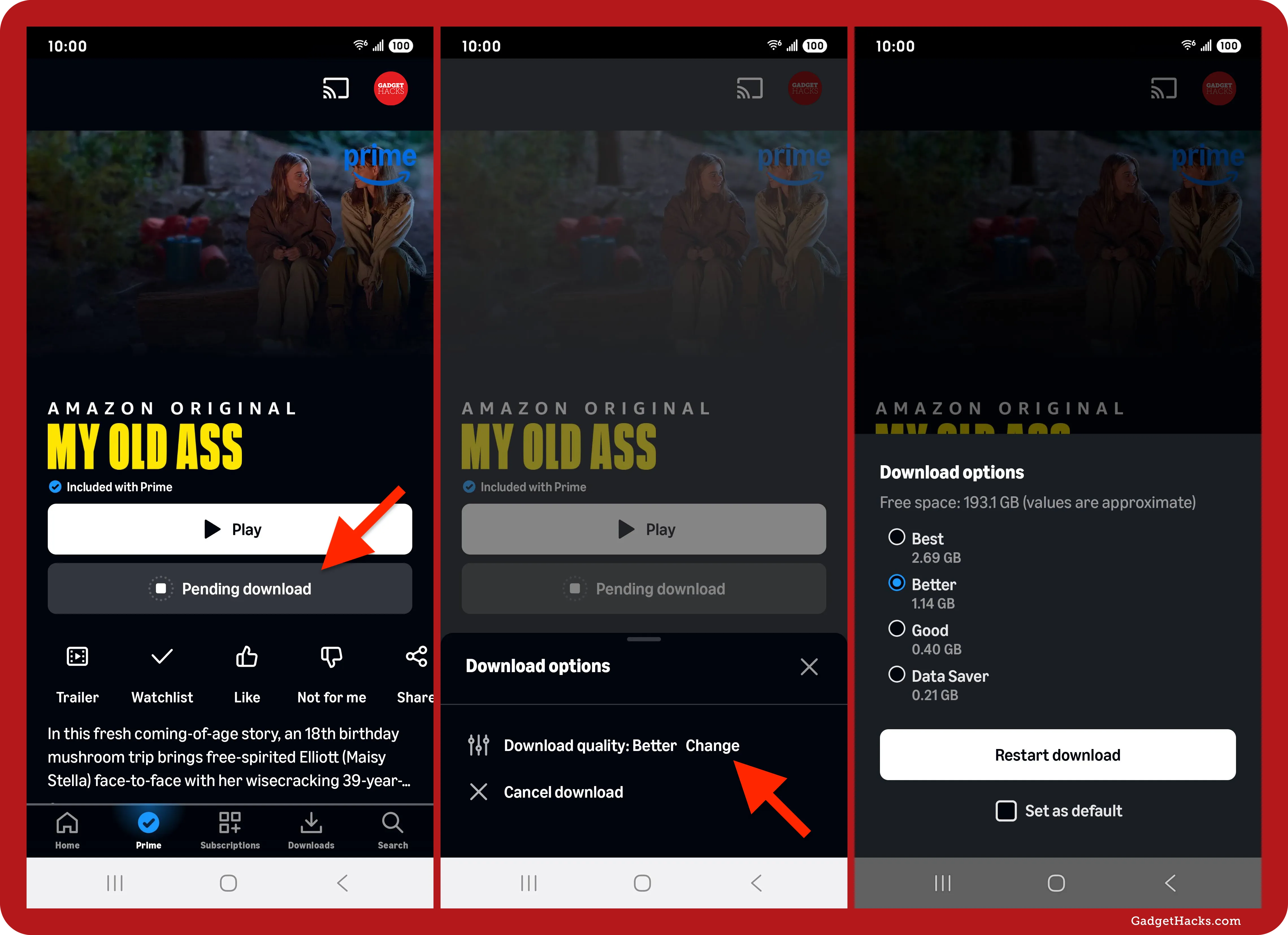 Amazon Prime Video Android screen featuring arrows on Pending download button and quality options panel, selecting Better download size for My Old Ass movie.