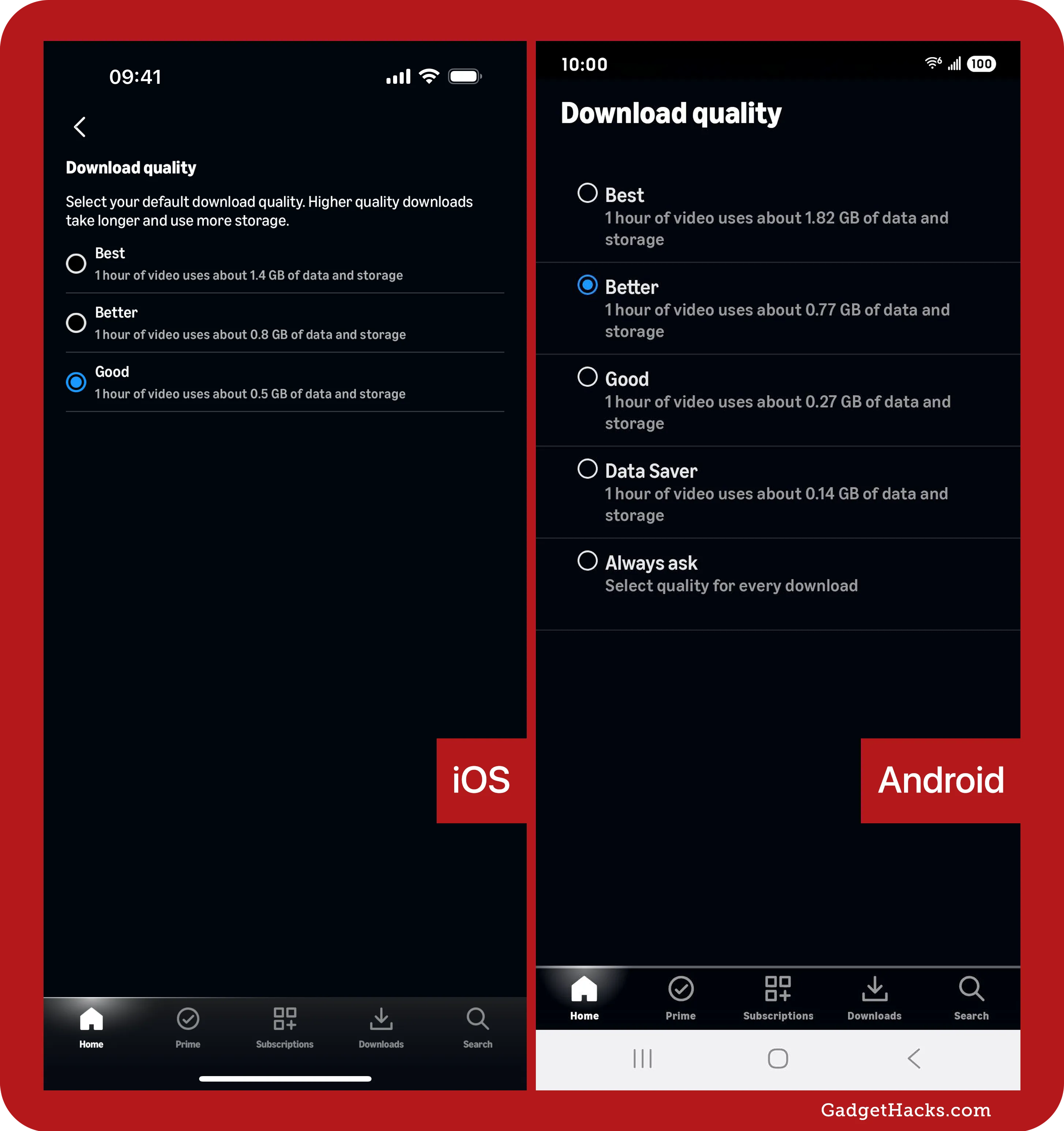 Download quality settings in the Prime Video app compared on iOS and Android, with Android offering more options like Data Saver and Always Ask.