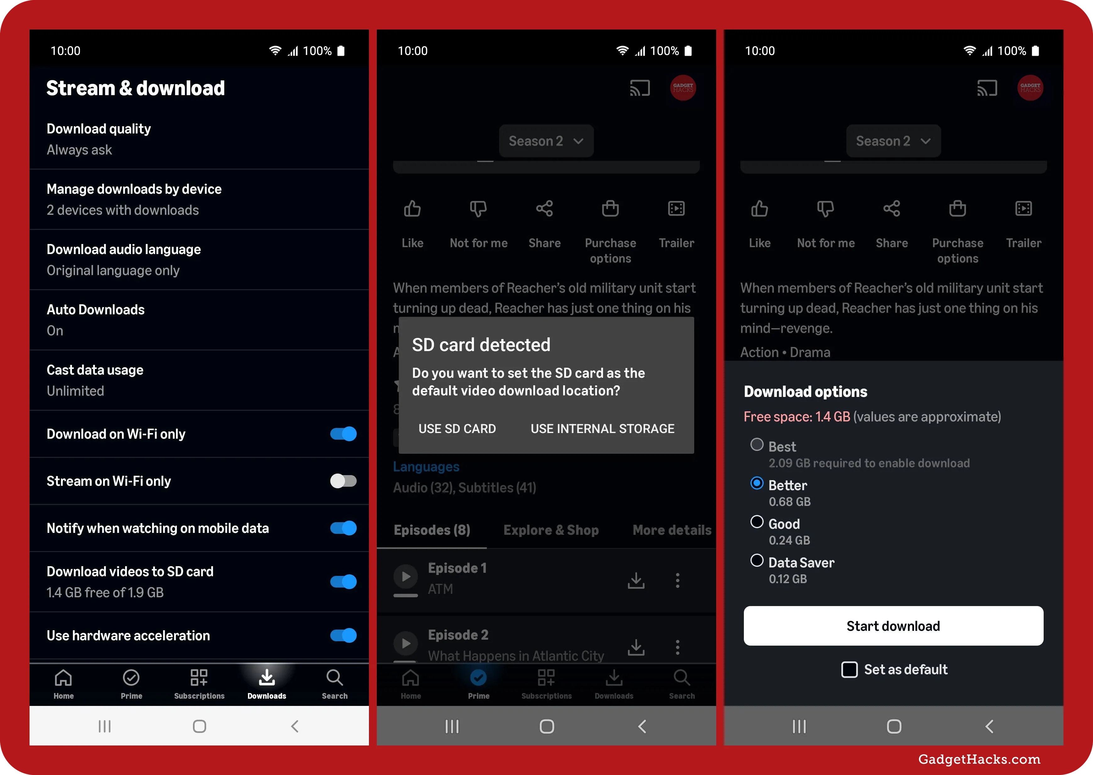 Prime Video Android screenshots showing Stream & download settings, SD card default prompt, and quality options before downloading episodes to external storage.