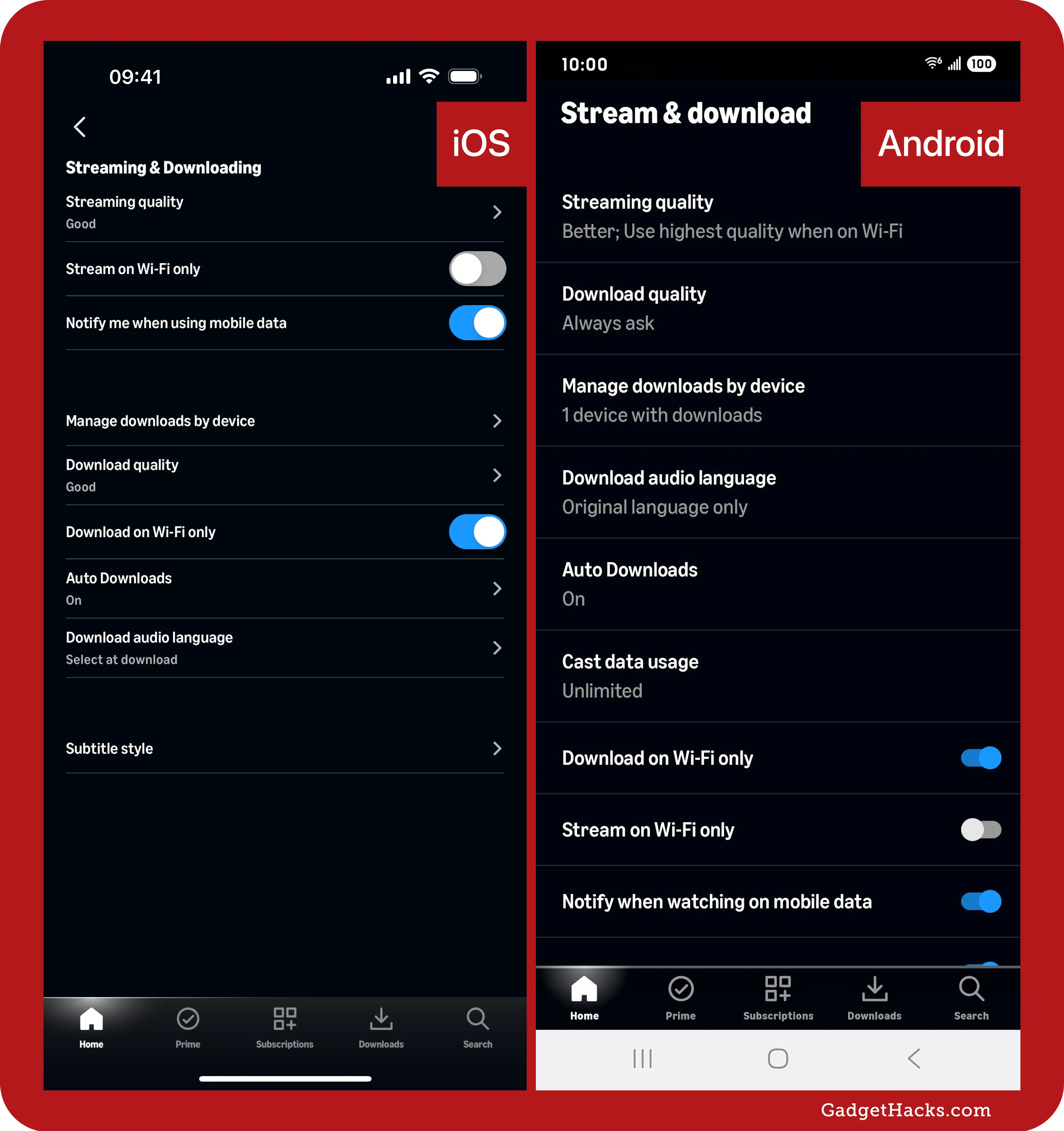 Prime Video’s Stream & Download settings on iOS and Android compared, showing options for streaming quality, Wi-Fi restrictions, auto downloads, and audio language preferences.