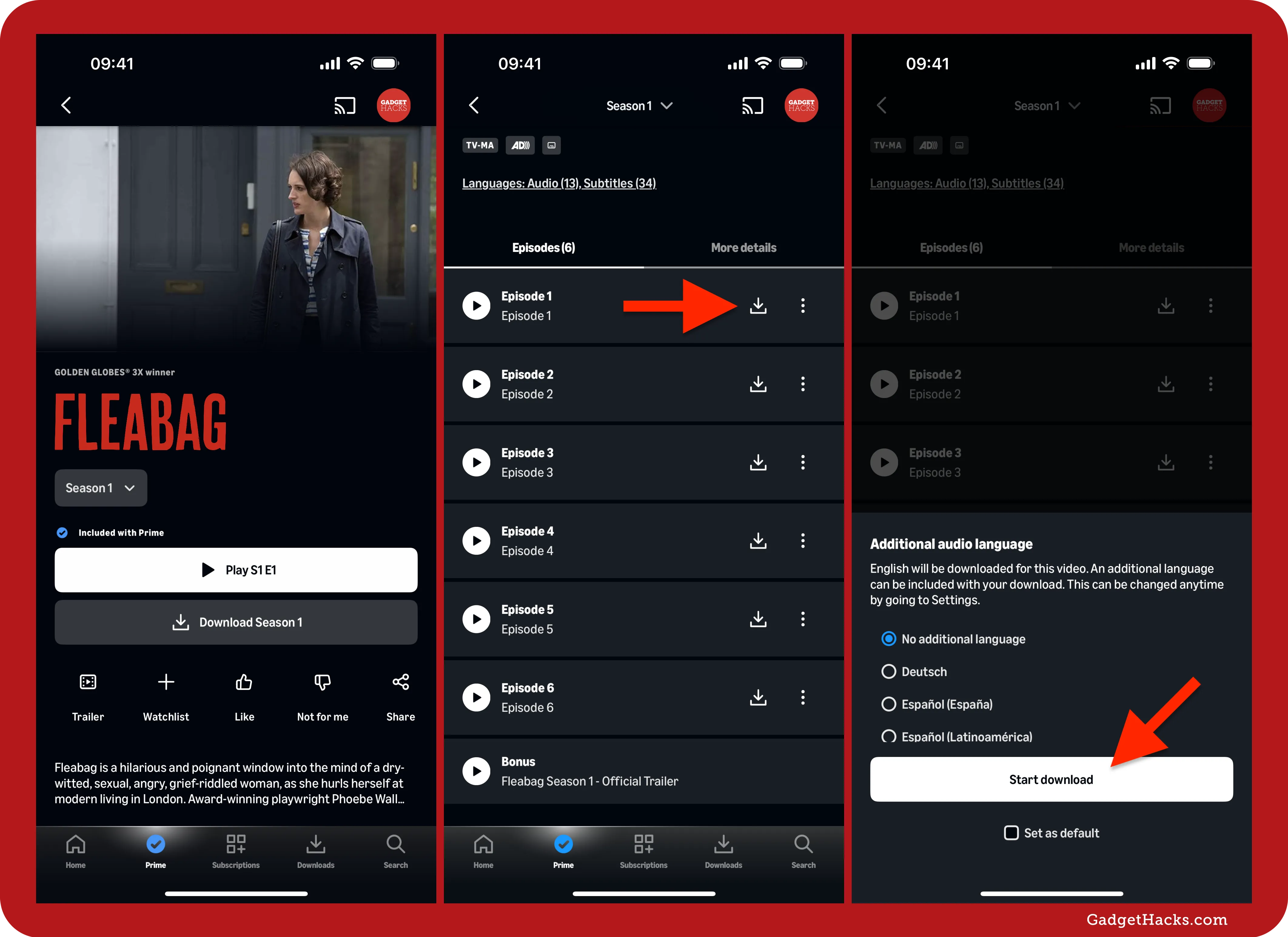 Prime Video iPhone screen for Fleabag, showing Download Season button, episode download arrow, and audio language picker with Start download.