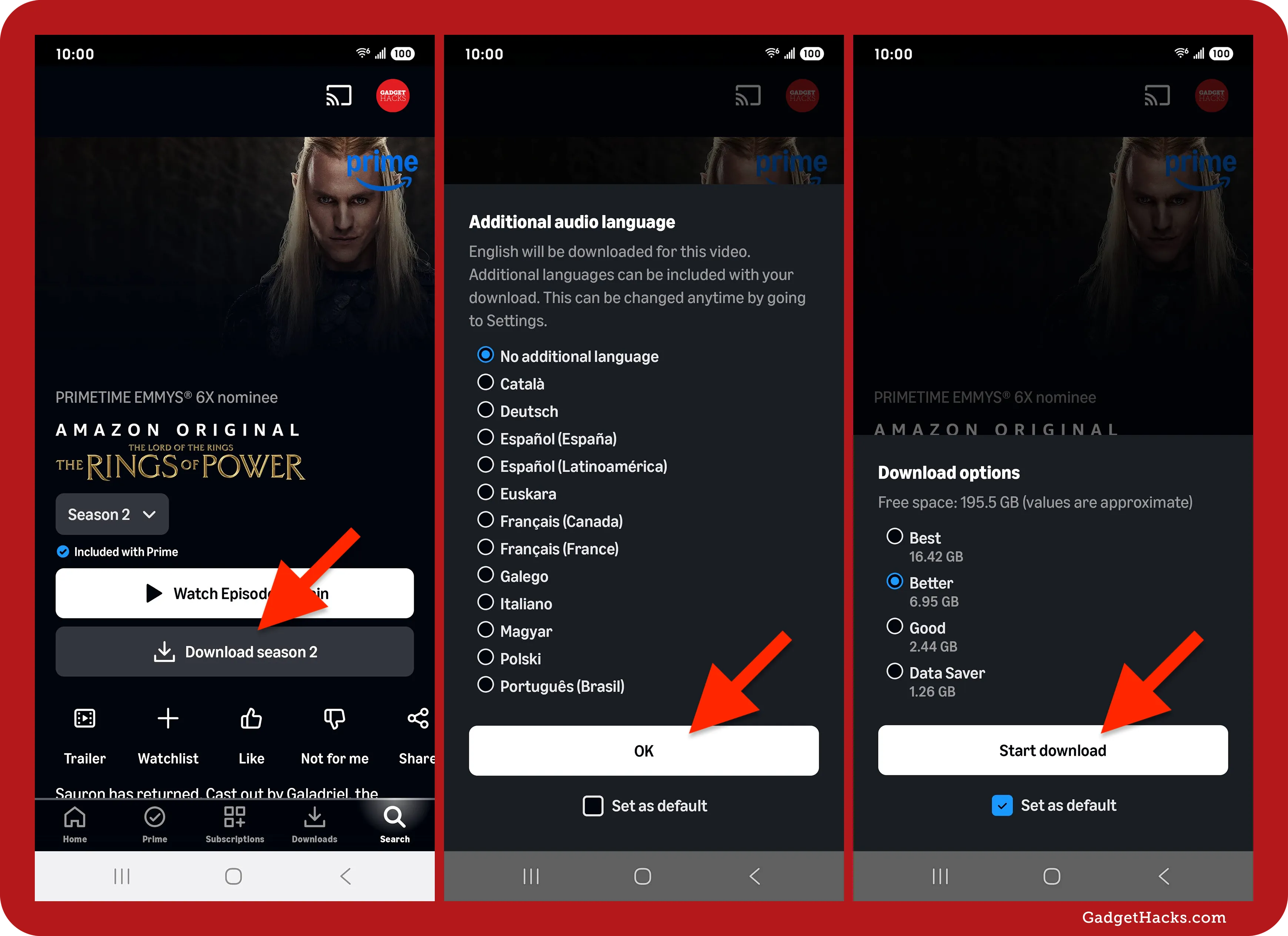 Amazon Prime Video Android screens for Rings of Power Season 2 download, showing Download button, audio language picker, and quality options with Start download.