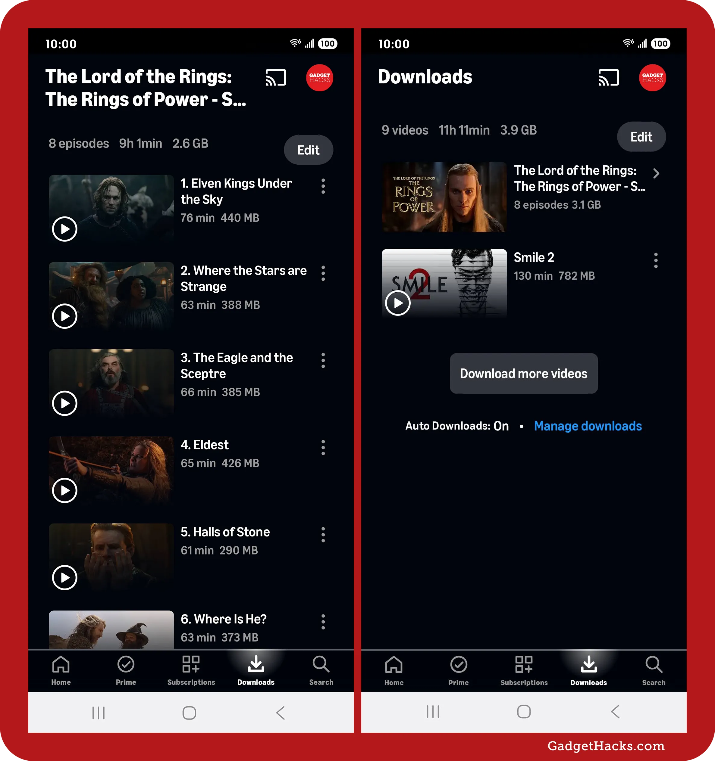 Prime Video Android downloads with Rings of Power S2 episode list and overall Downloads screen showing nine videos, 3.9 GB used, including Smile 2.