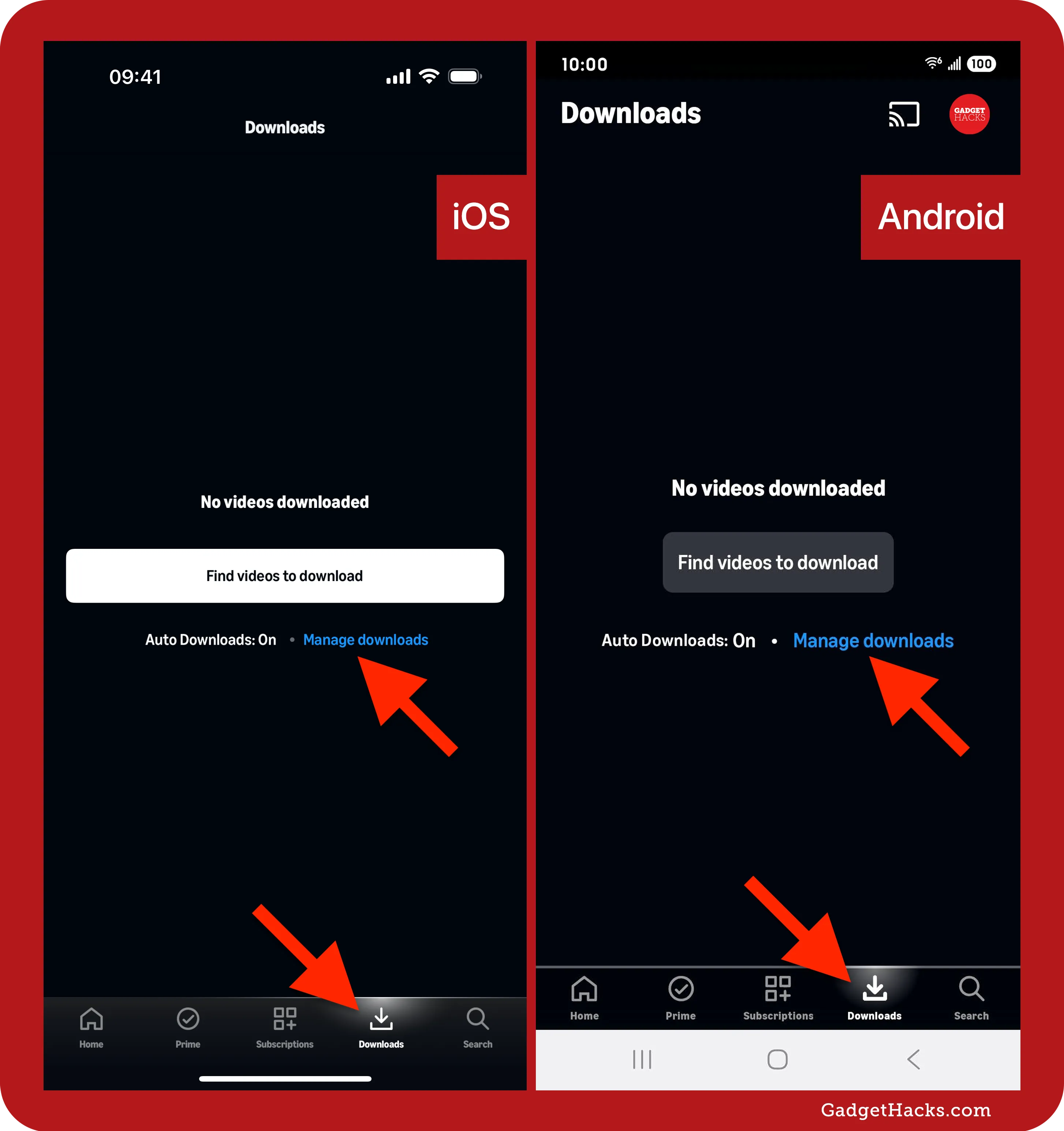 Downloads tab in Prime Video on iOS and Android showing no saved videos, with ‘Manage downloads’ and ‘Auto Downloads: On’ options highlighted by red arrows.