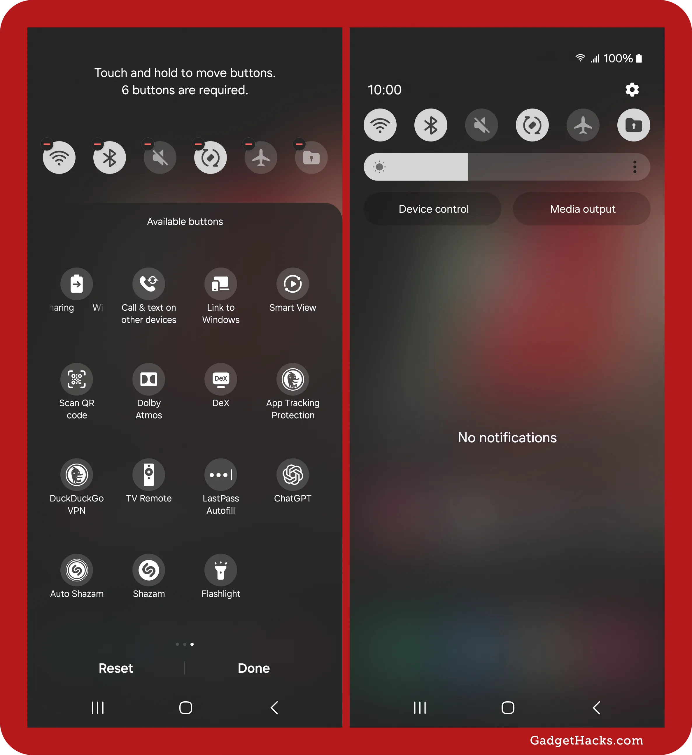 Samsung Quick Settings customization view showing rearranged shortcut icons with Secure Folder added, followed by active quick panel with no notifications displayed.