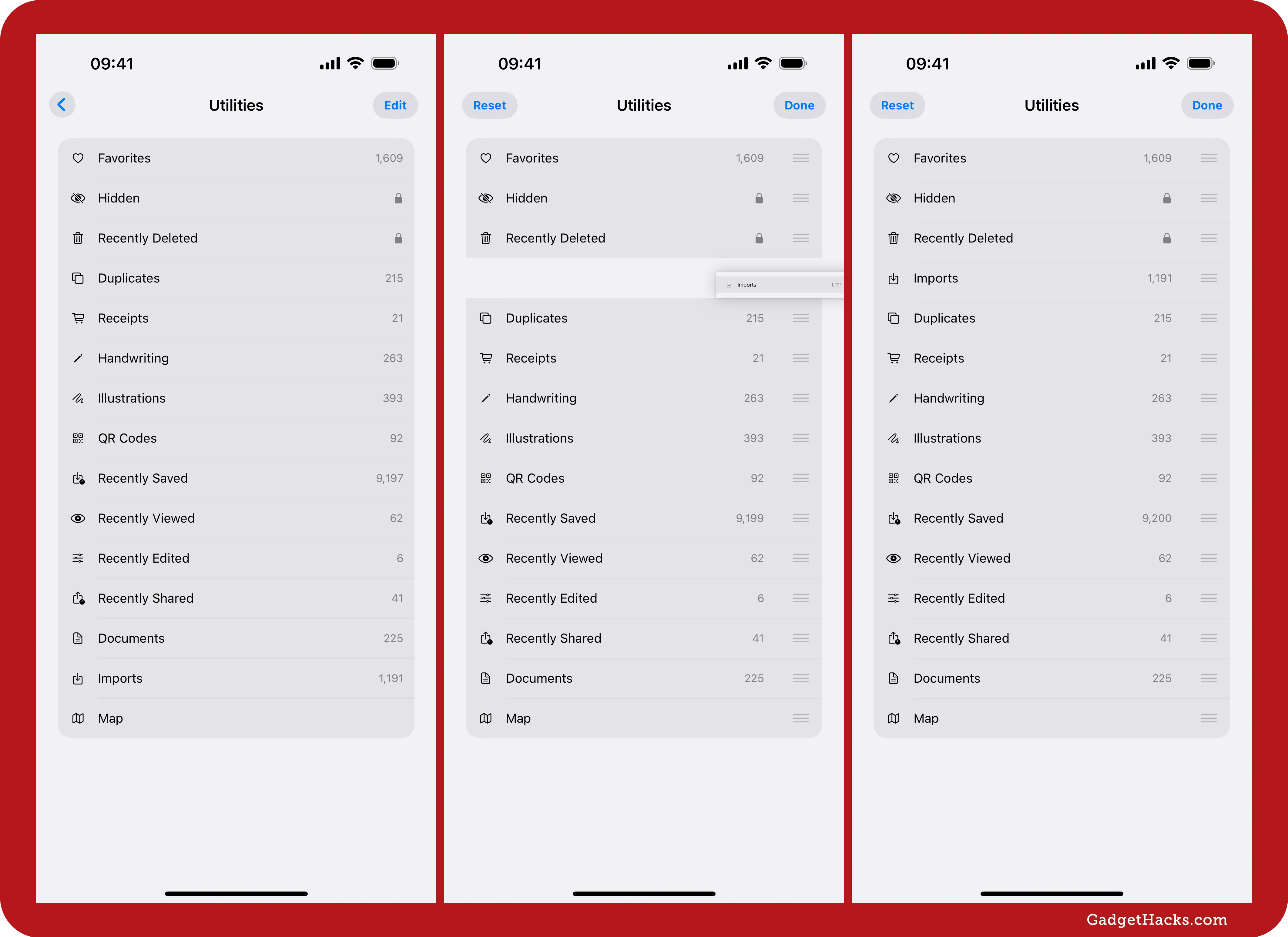 Three iPhone screenshots showing the Photos app’s Utilities view with sections being reordered using drag-and-drop in edit mode.
