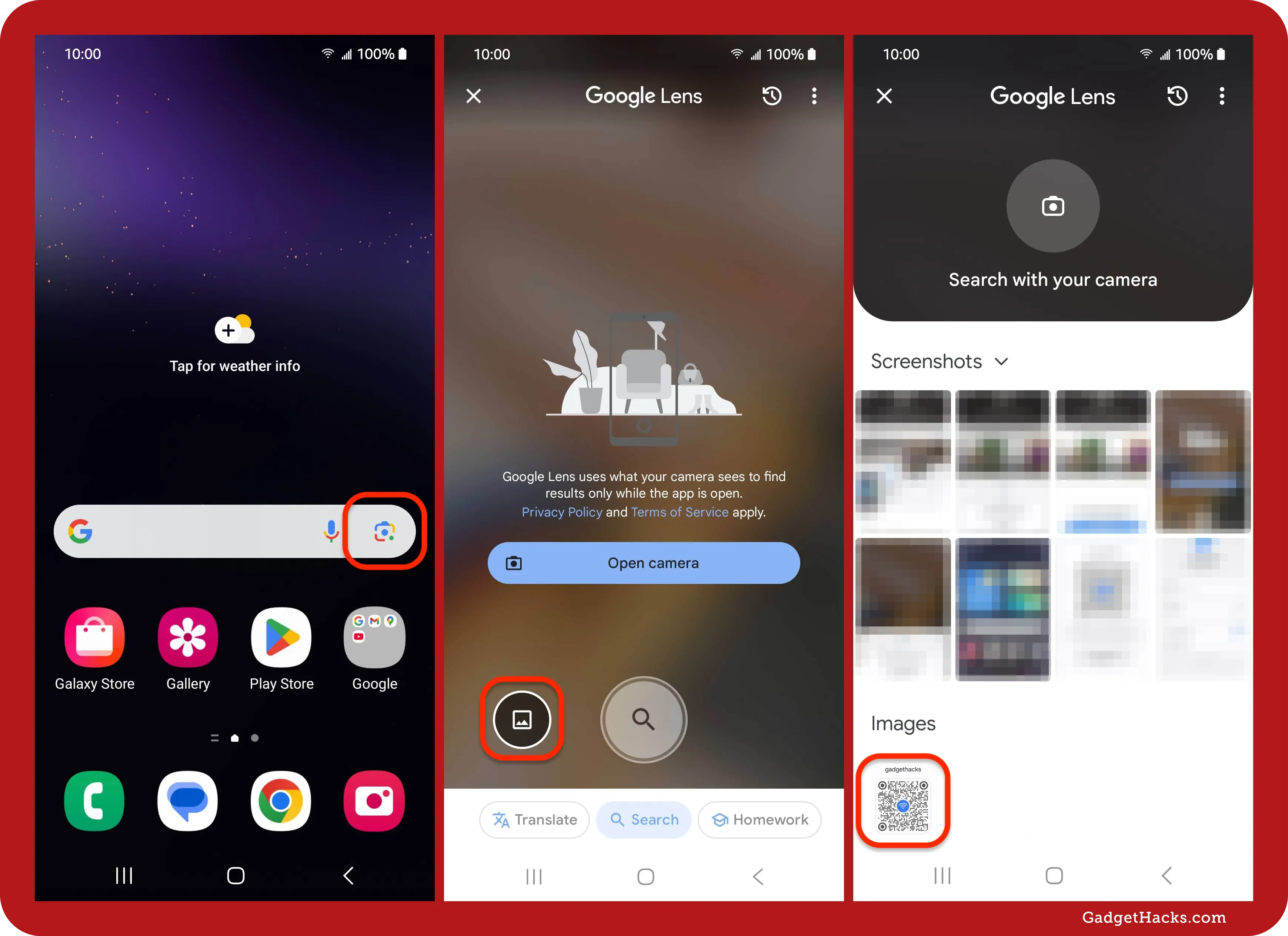 Three Android screenshots show how to access and use Google Lens to scan images from your gallery instead of using the camera.