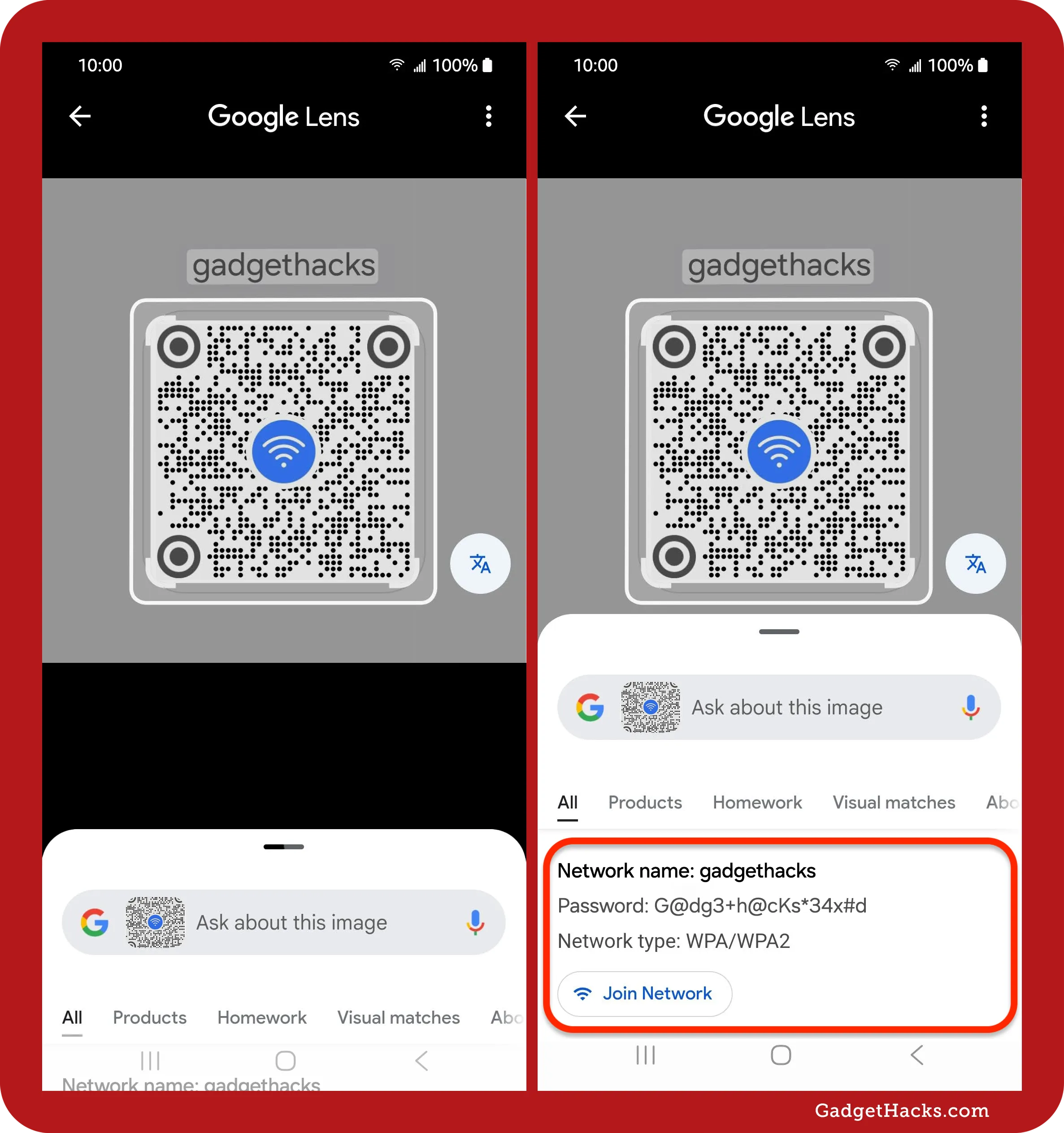 Google Lens scanning a QR code for Wi-Fi with SSID ‘gadgethacks’ and showing the password, security type, and a ‘Join Network’ button on a Samsung Galaxy.