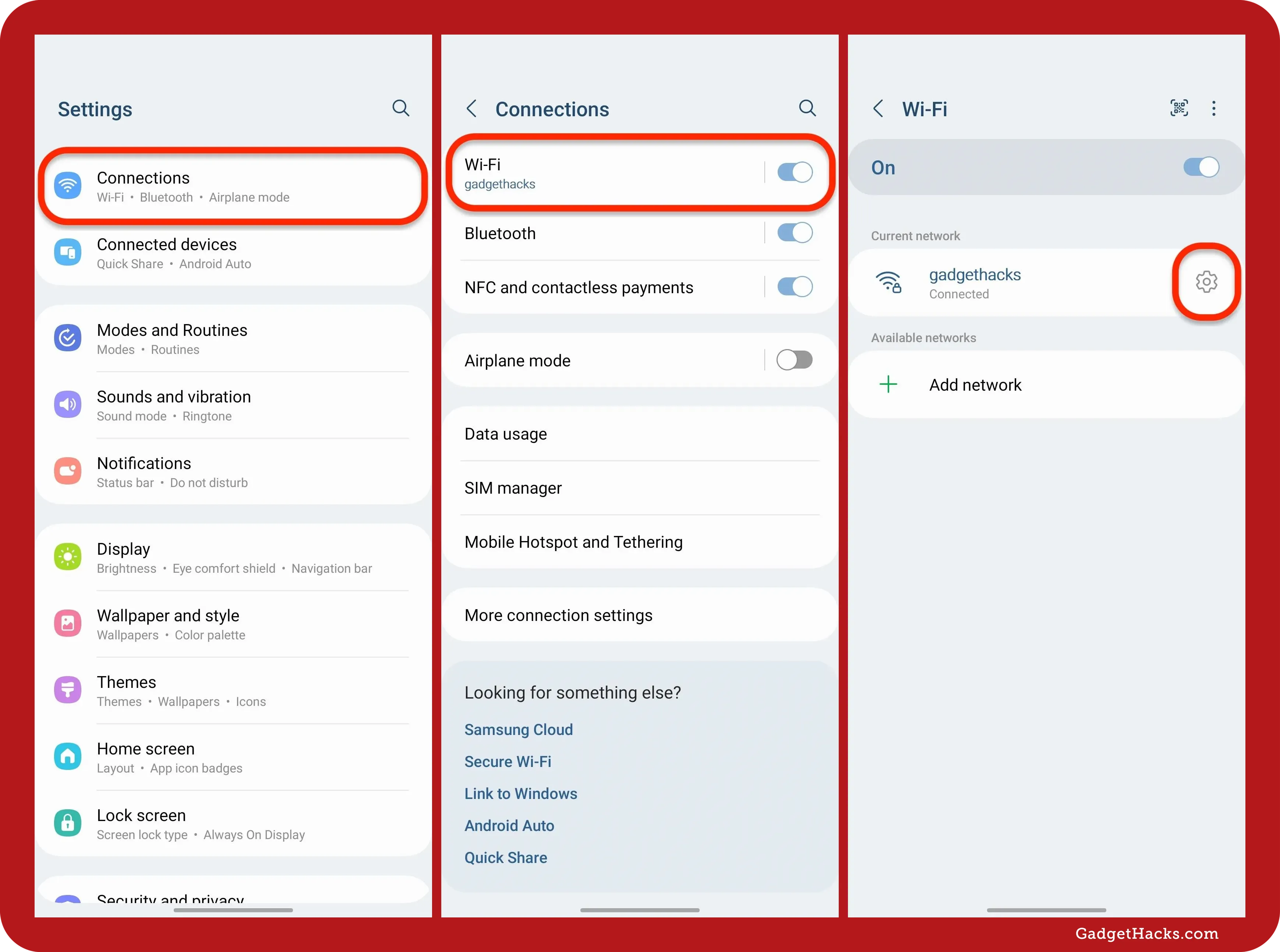 Wi-Fi settings on a Samsung Galaxy showing the path Settings » Connections » Wi-Fi, with ‘gadgethacks’ network connected and gear icon for more network options.