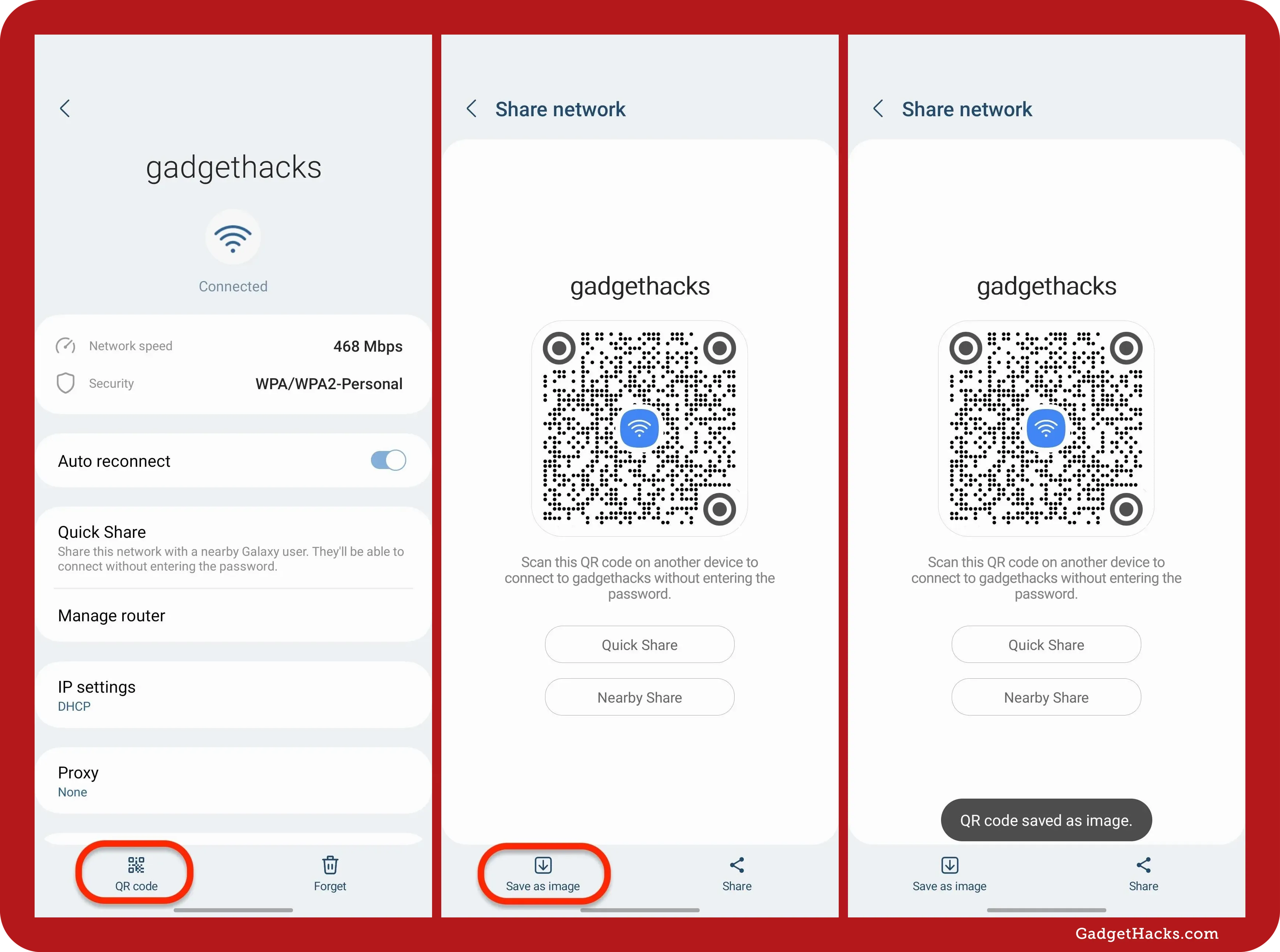 Wi-Fi network settings for ‘gadgethacks’ on a Samsung Galaxy showing QR code sharing options, including a ‘Save as image’ button and confirmation toast after saving.