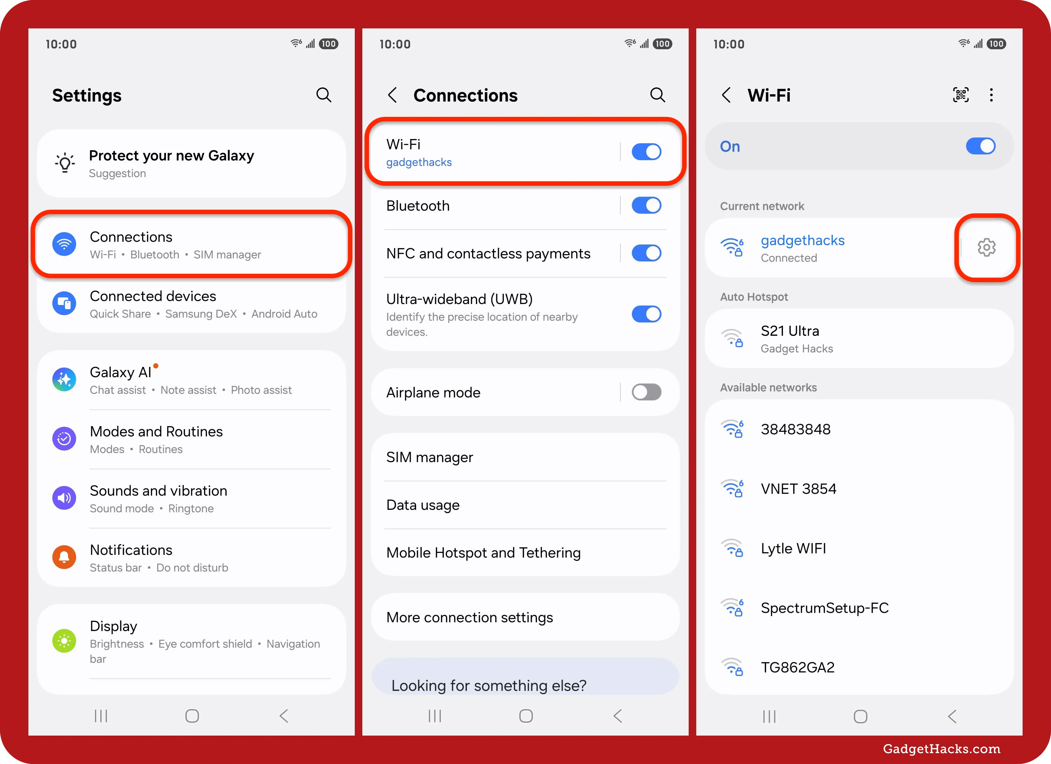 Three Android screenshots showing the steps to access Wi-Fi settings — from Settings » Connections to selecting the current network’s gear icon for more options.