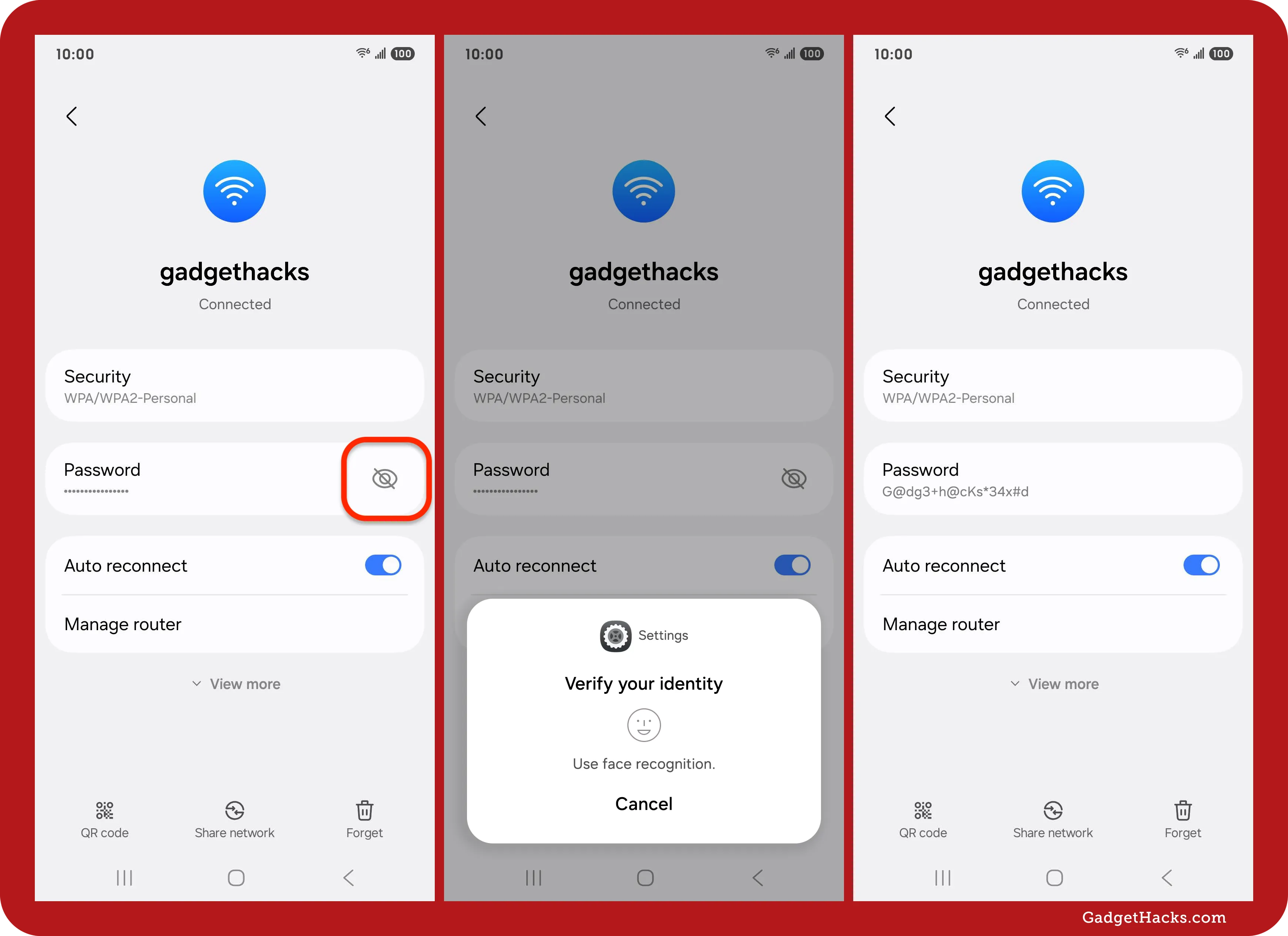 Samsung Galaxy Wi-Fi settings for ‘gadgethacks’ showing password reveal steps — tapping the eye icon, face recognition prompt, then visible Wi-Fi password.