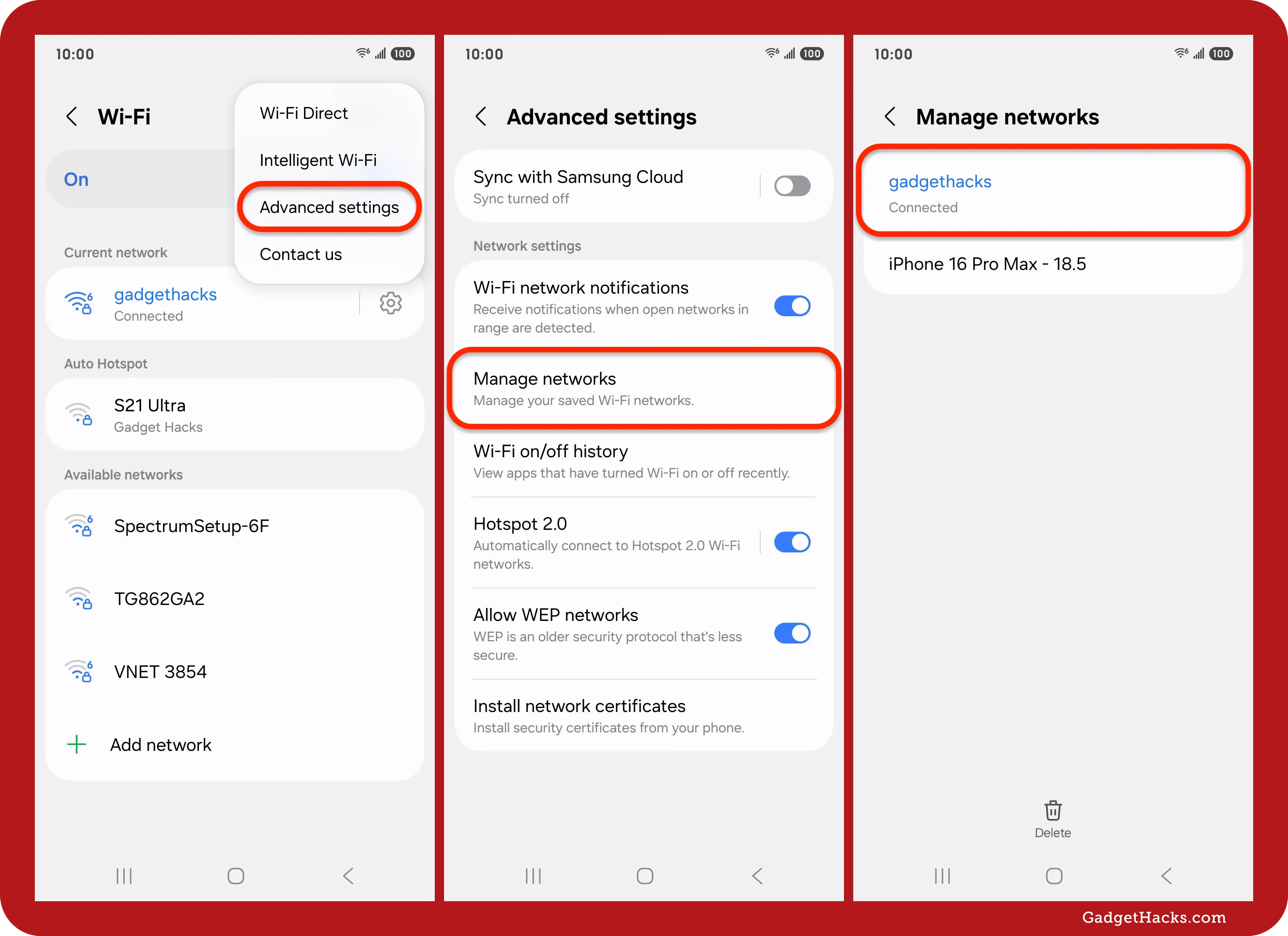 Samsung Galaxy Wi-Fi settings showing path to Advanced settings » Manage networks, with ‘gadgethacks’ listed as a connected saved network.