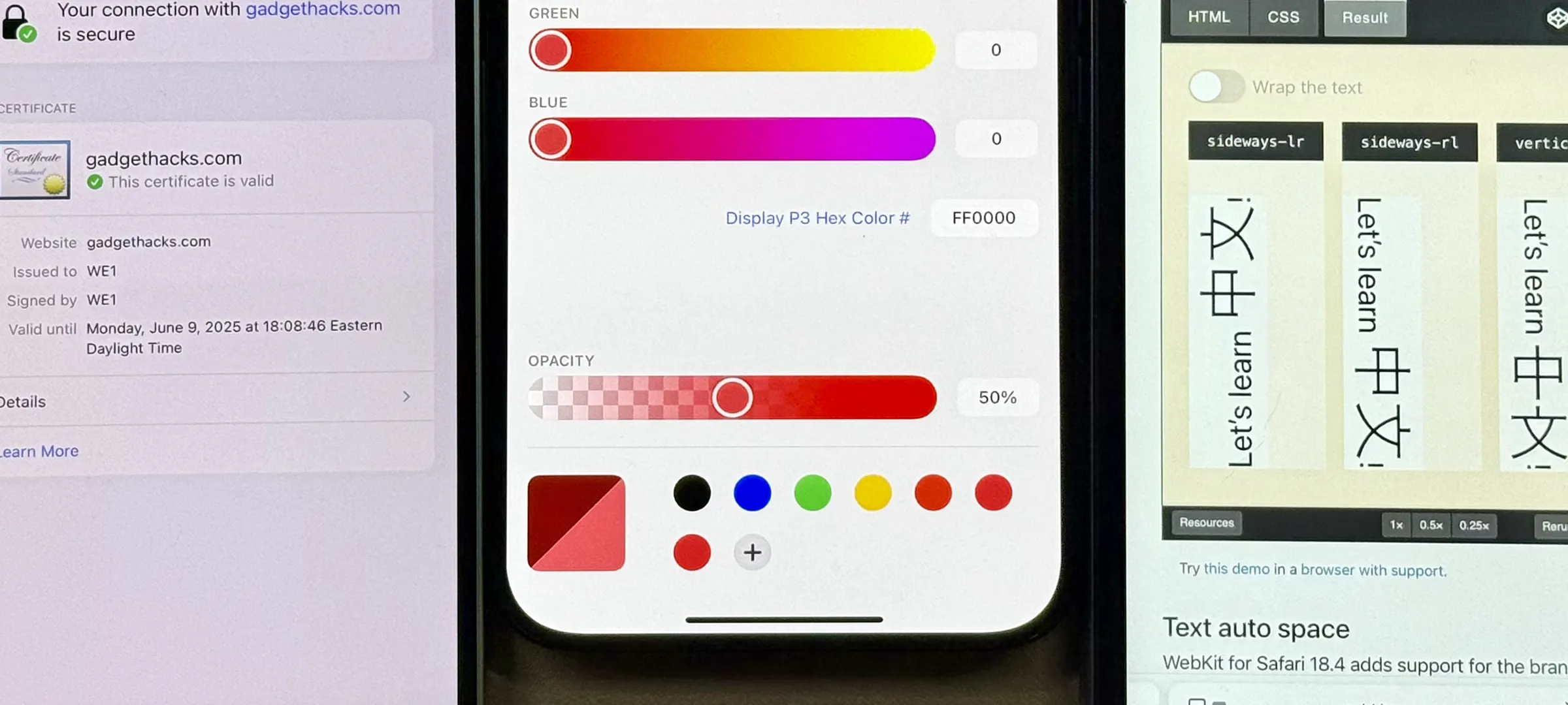 Safari showing HTTPS certificate, color picker tool, and vertical text demo with Chinese characters.