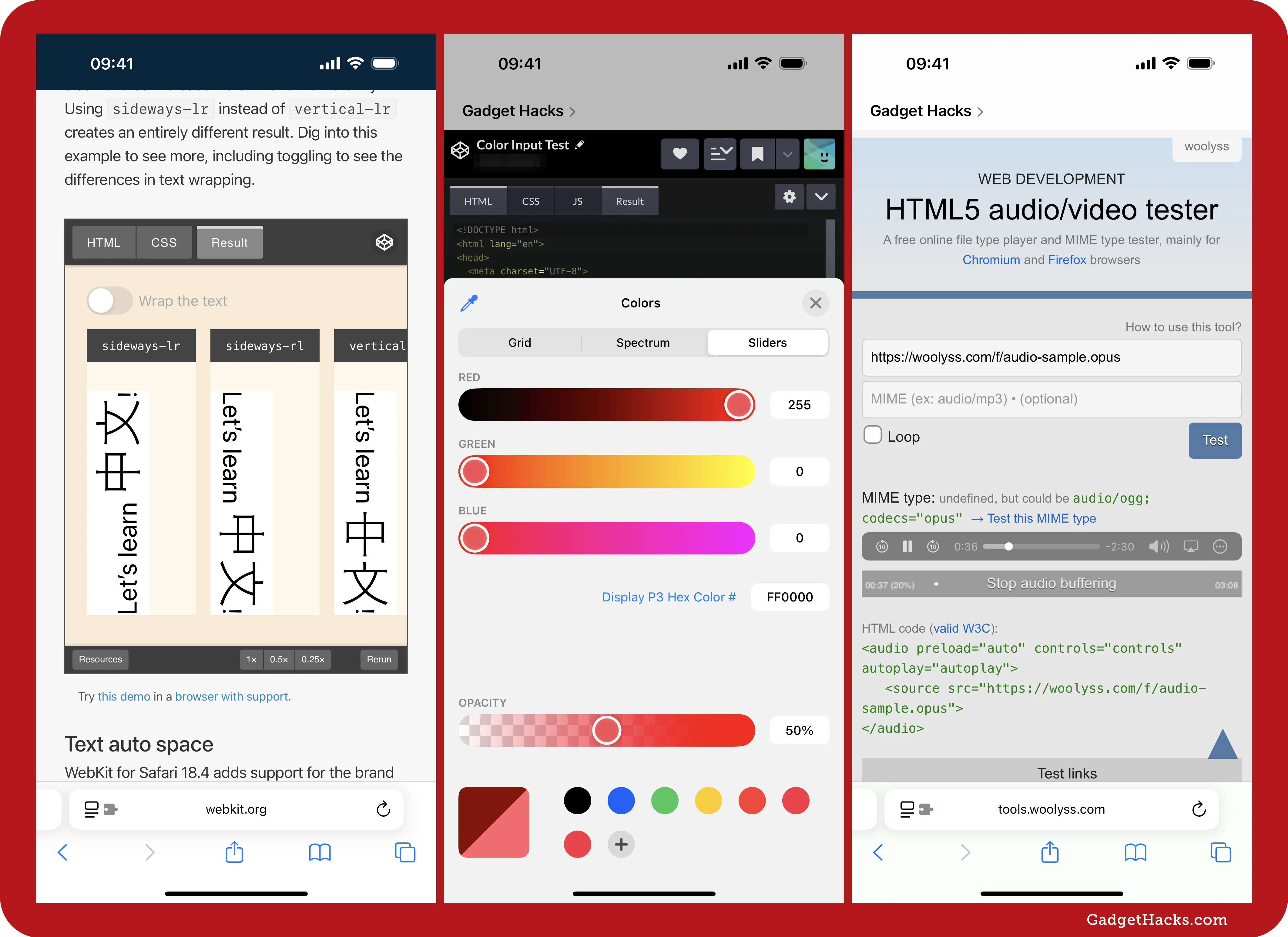 Three iPhone Safari screenshots show CSS writing mode differences, a color input slider, and an HTML5 media tester from web developer tools on Gadget Hacks.