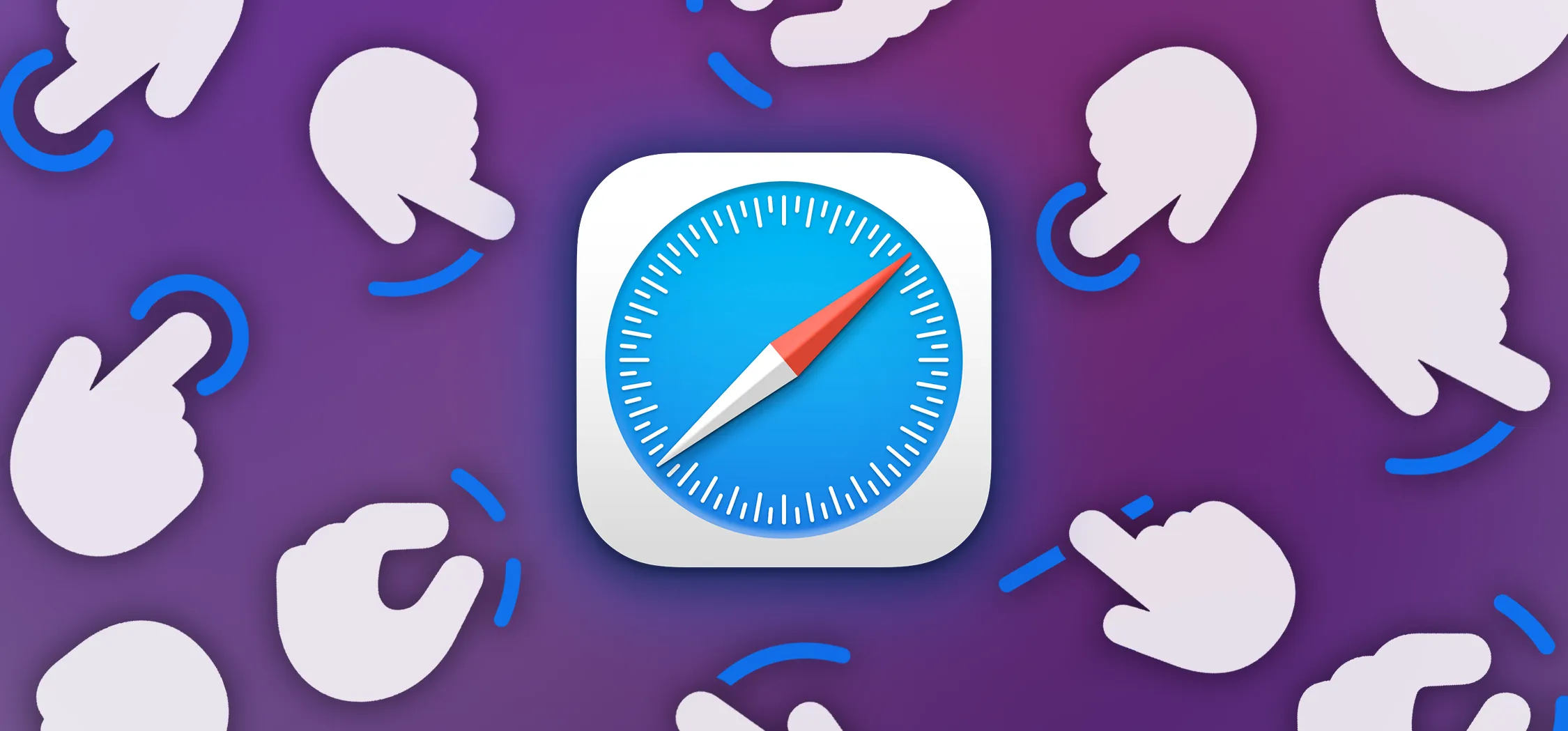 Safari app icon centered on a purple background with white hand gesture icons around it, symbolizing touch interactions like tap, swipe, and press.