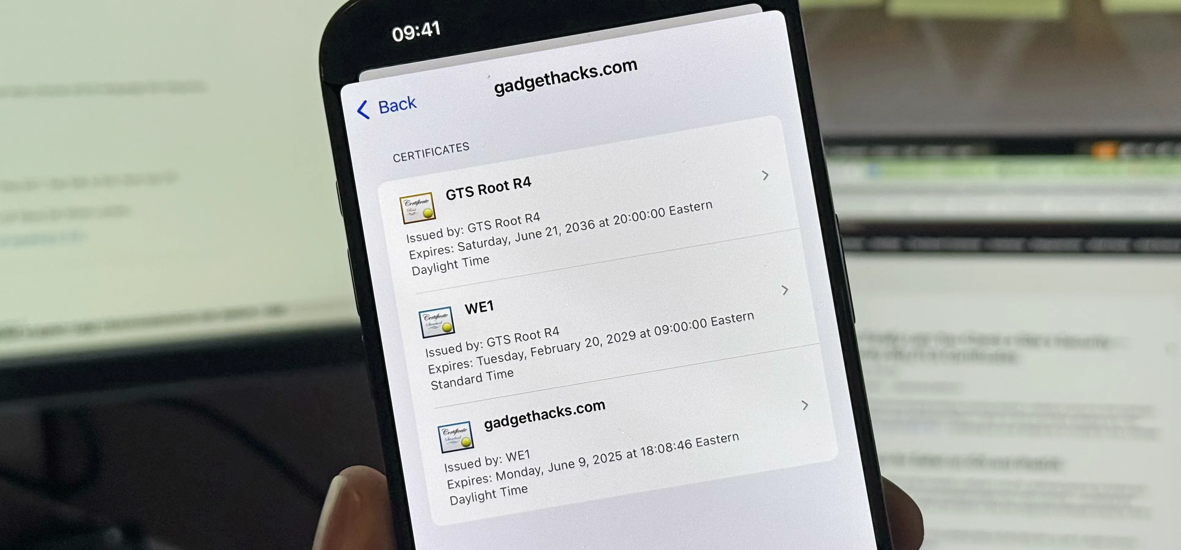 iPhone screen displaying website security certificates for "gadgethacks.com," showing issuer details and expiration dates.