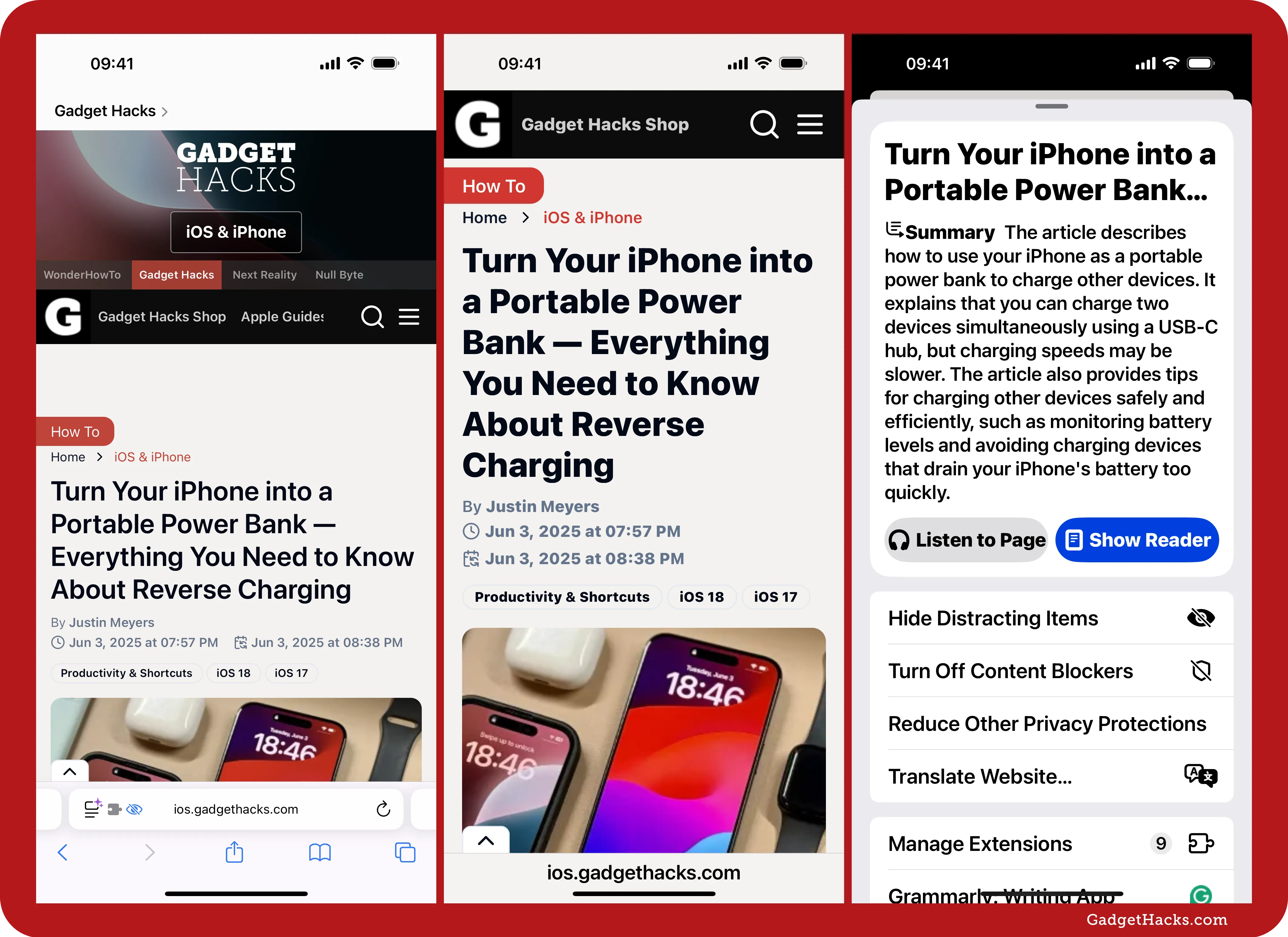Safari page 'Turn Your iPhone into a Power Bank' — default, bold per-app customization, and Reader settings sheet with summary, Listen, and Show Reader options.