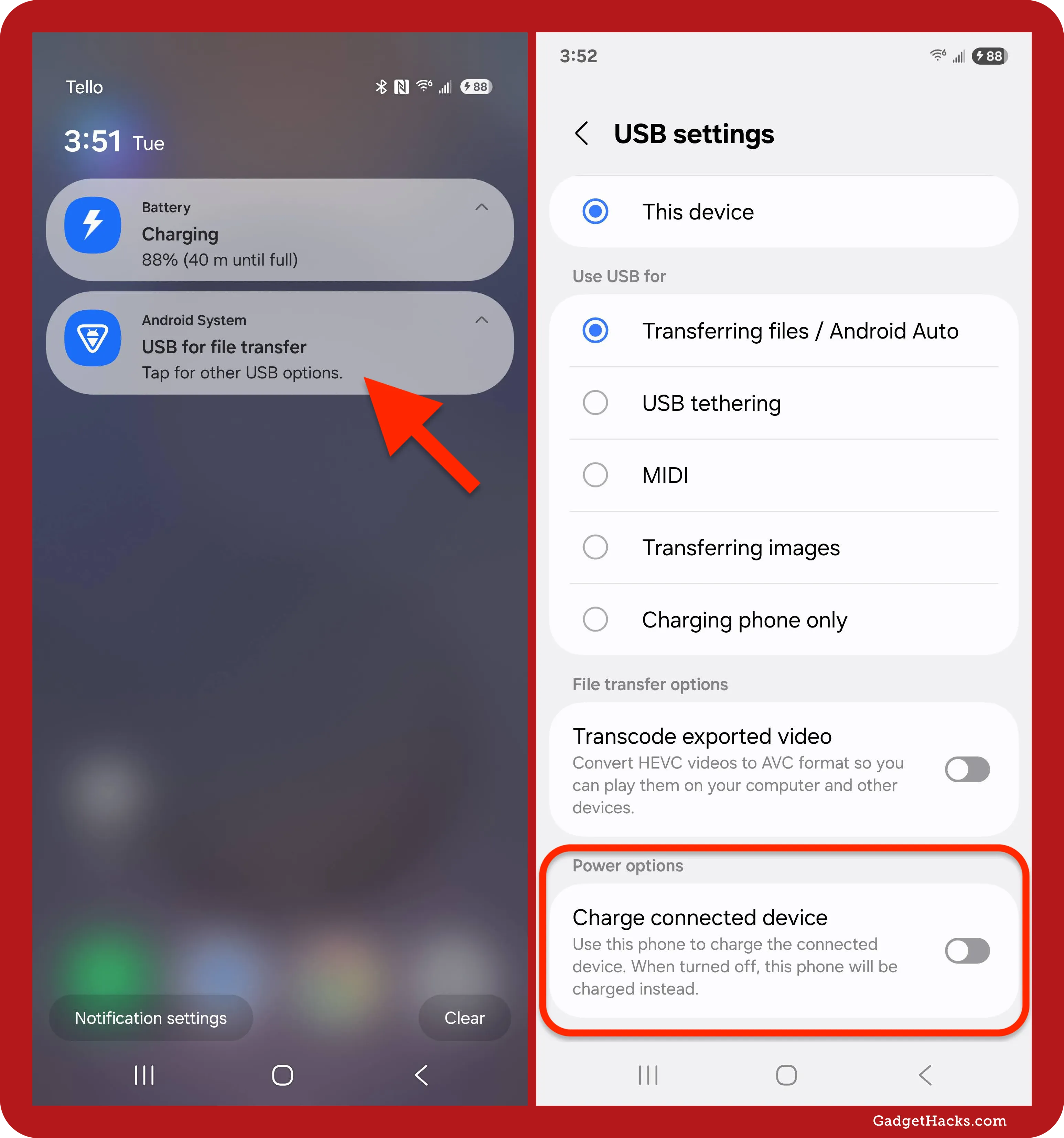 Samsung phone notification shade showing USB file transfer prompt with arrow, and USB settings screen highlighting Charge connected device toggle.