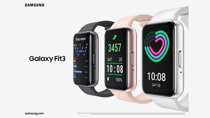Official Samsung Galaxy Fit 3 product image showing three fitness trackers in graphite, pink gold, and silver, featuring sleep tracking, step counts, and activity monitoring displays