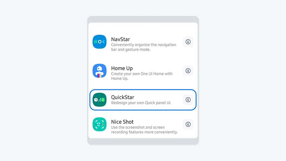 Samsung One UI 9 Good Lock app showing the QuickStar customization module used to manage status bar settings