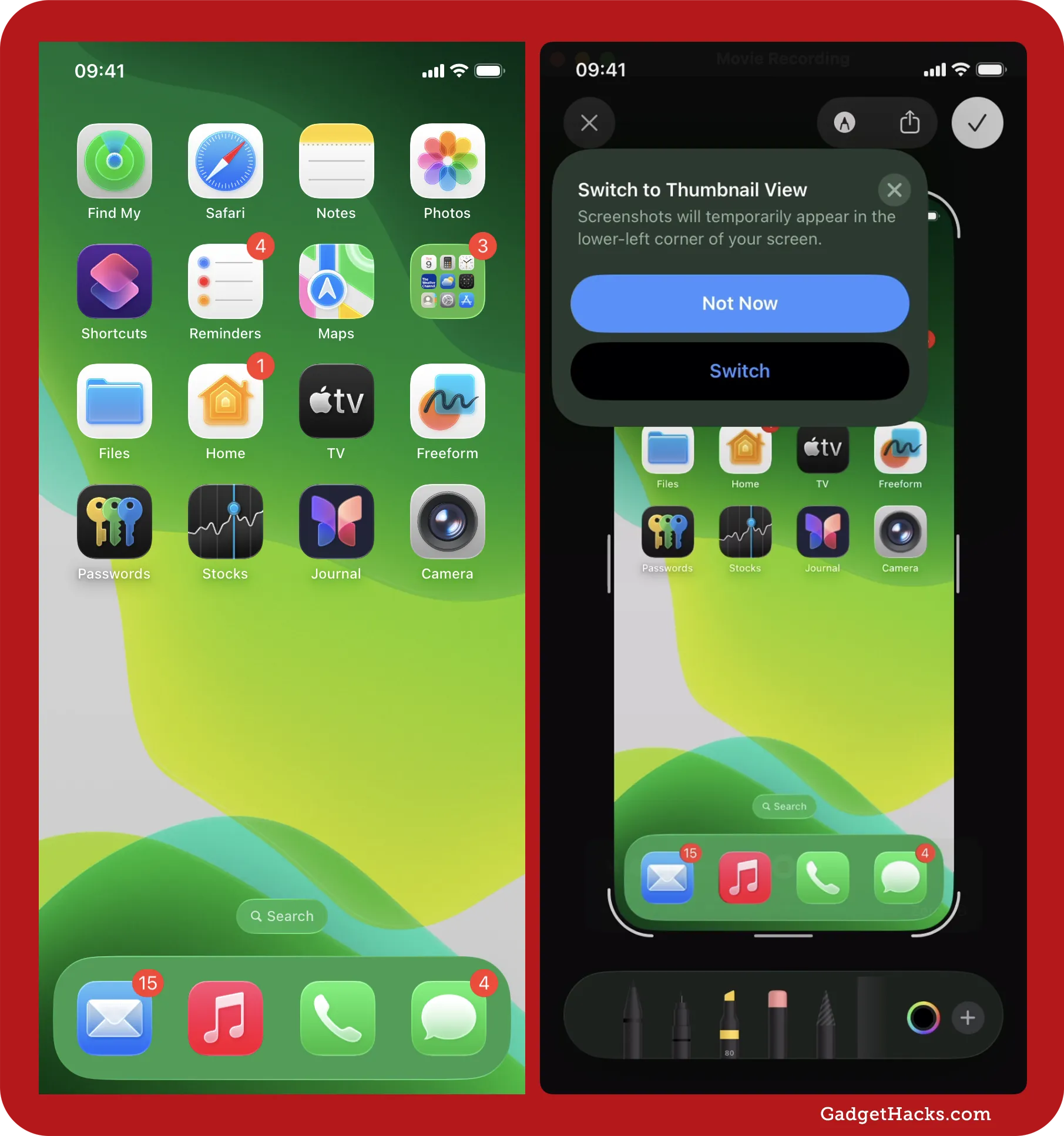 Side-by-side iPhone screenshots display Home Screen and Markup editor with ‘Switch to Thumbnail View’ pop-up offering Not Now or Switch choices.