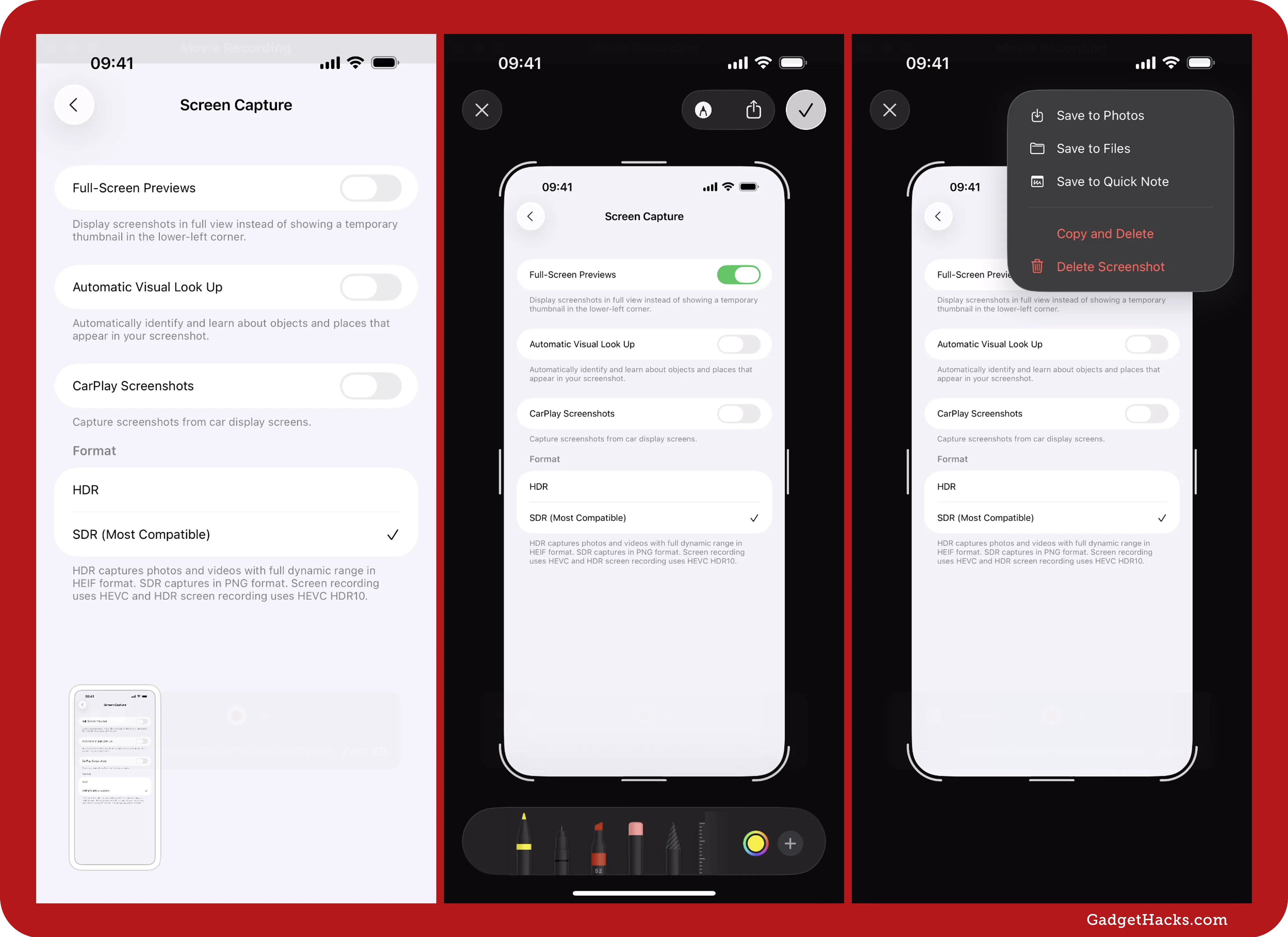 Side-by-side iPhone screenshots illustrate Screen Capture workflow — settings with Full-Screen Previews toggle and HDR–SDR picker, Markup editor, and save, copy, delete options menu.
