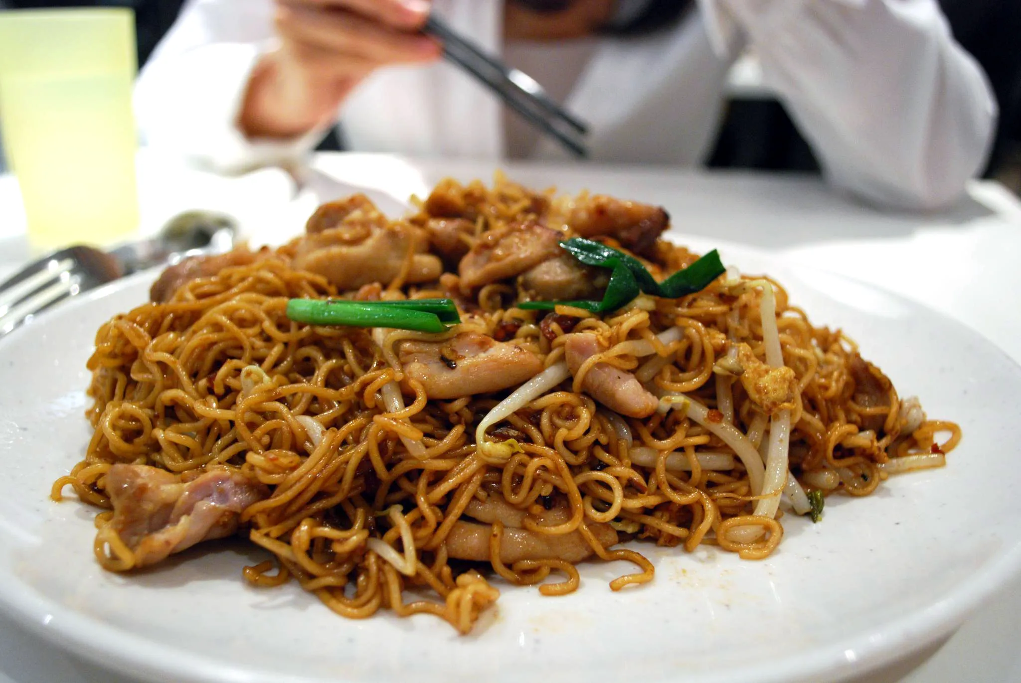 null Plate of stir-fried noodles with vegetables and protein, garnished with green onions.