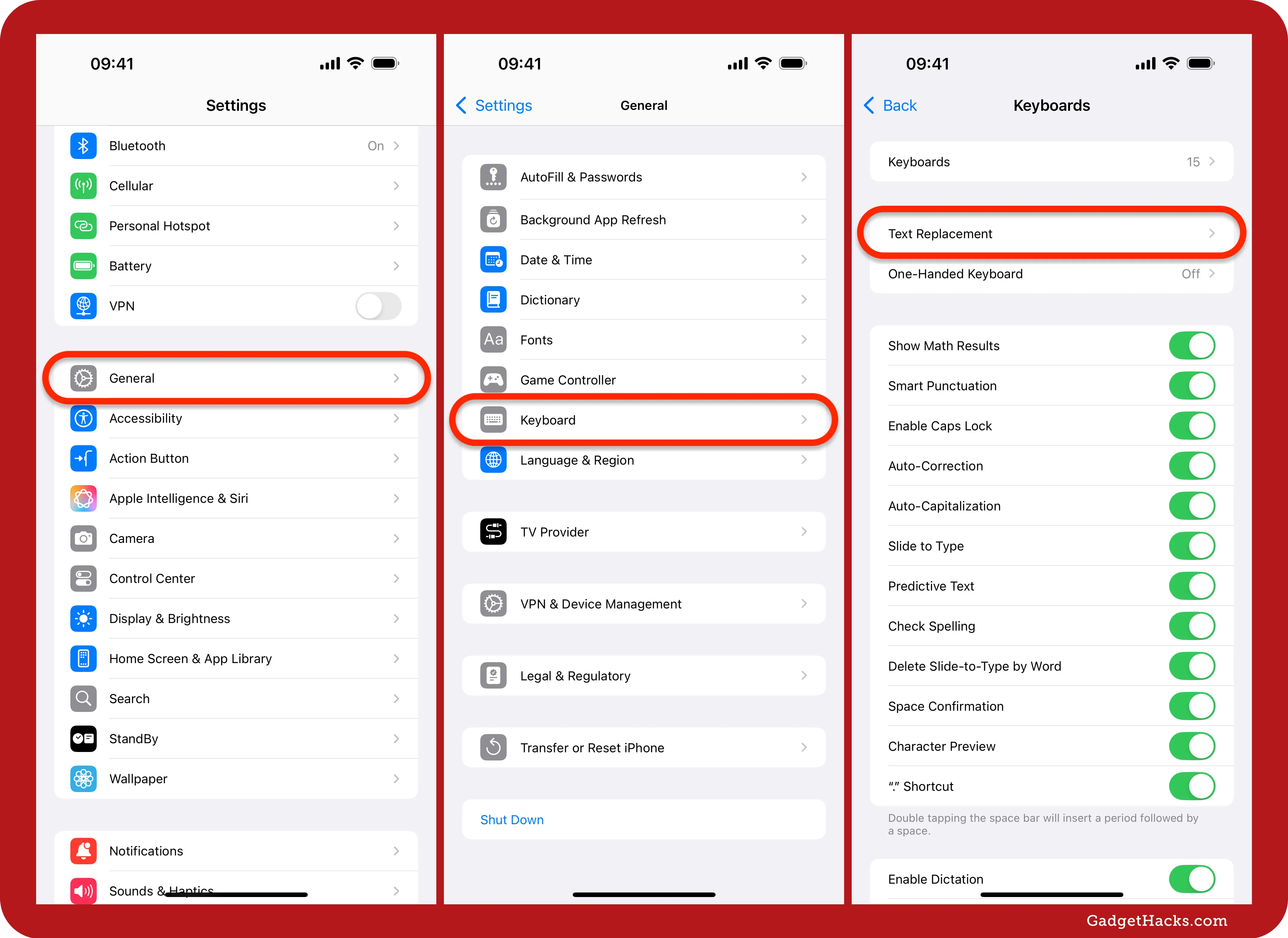 Three iPhone Settings screens showing the path to Text Replacement under Settings » General » Keyboard.
