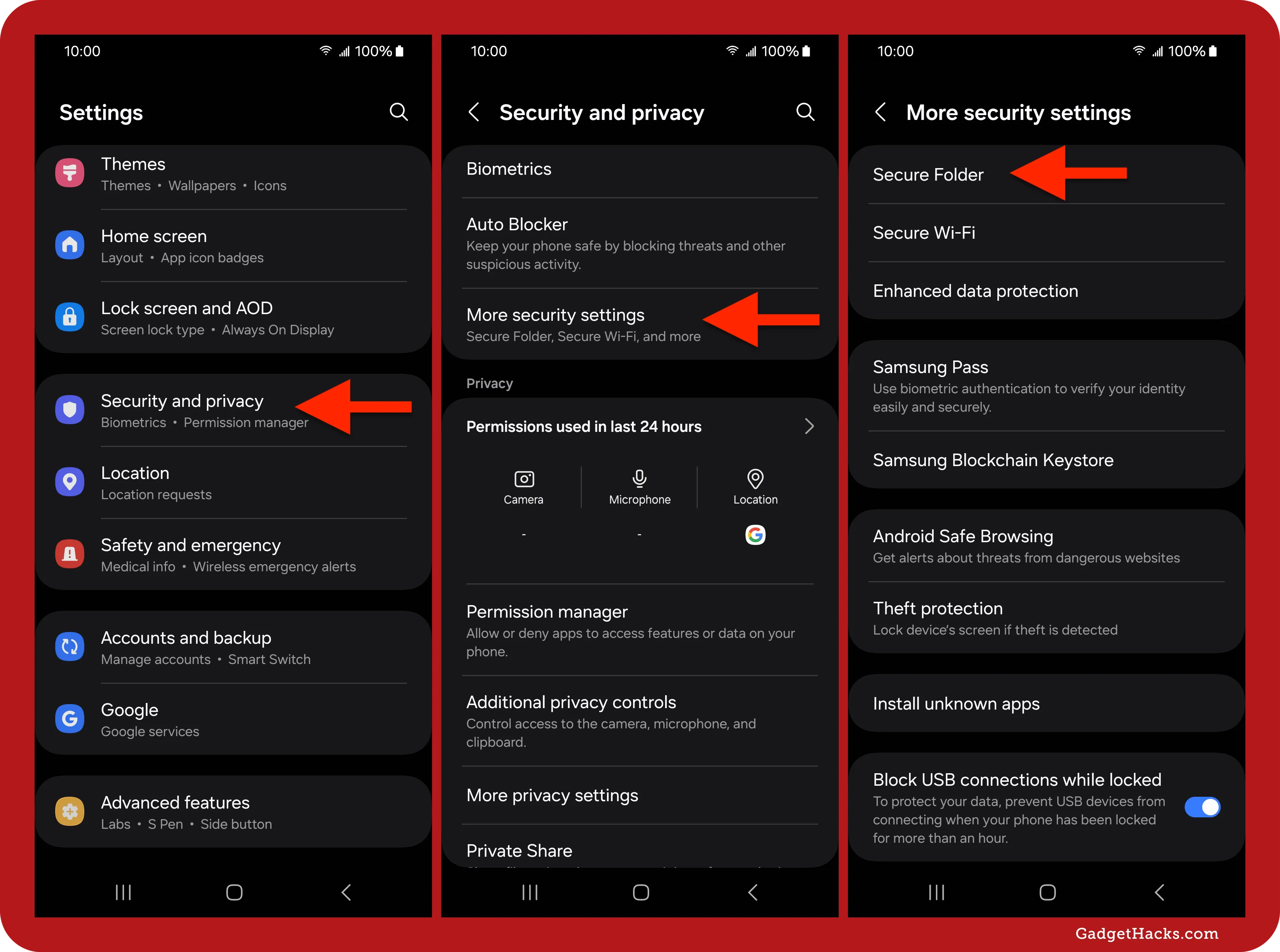 Samsung Settings app path to Secure Folder via Security and Privacy, showing steps to access “More security settings” and launch the Secure Folder feature.